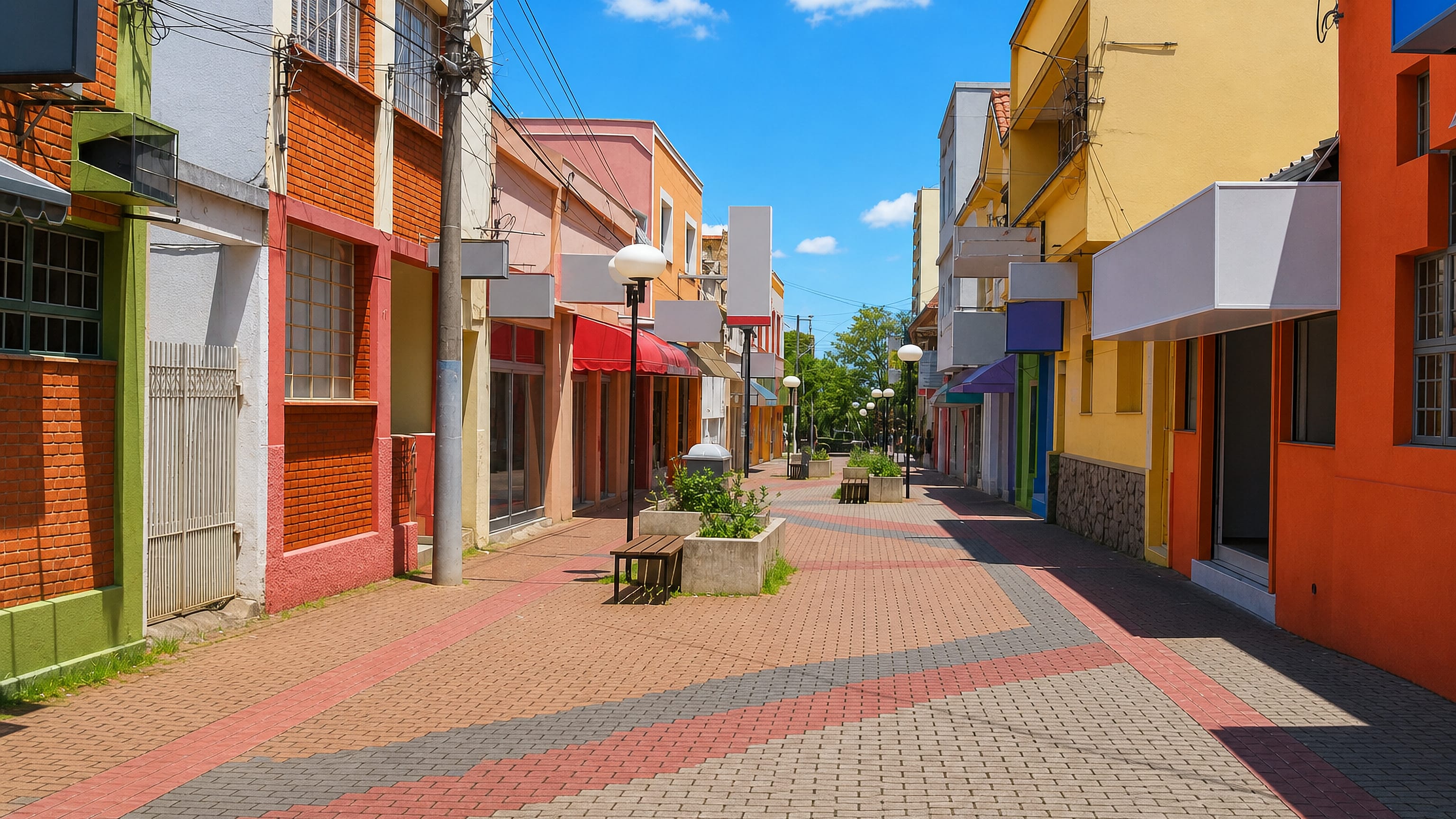 Colourful pedestrianised shopping street with brick paving in central Limeira, Sao Paulo, Brazil