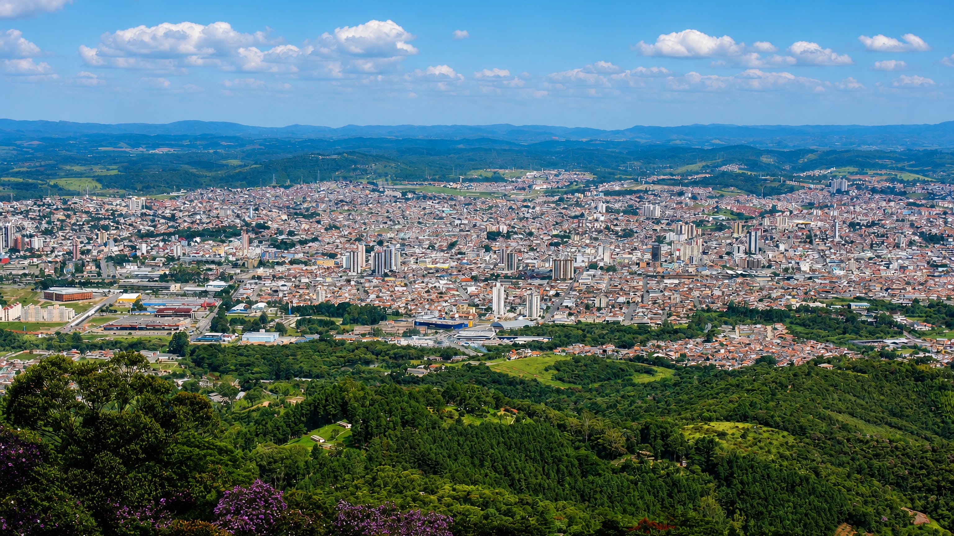 Panoramic view over Mogi das Cruzes, Brazil, spreading across a valley ringed by green hills and flowering ipê trees