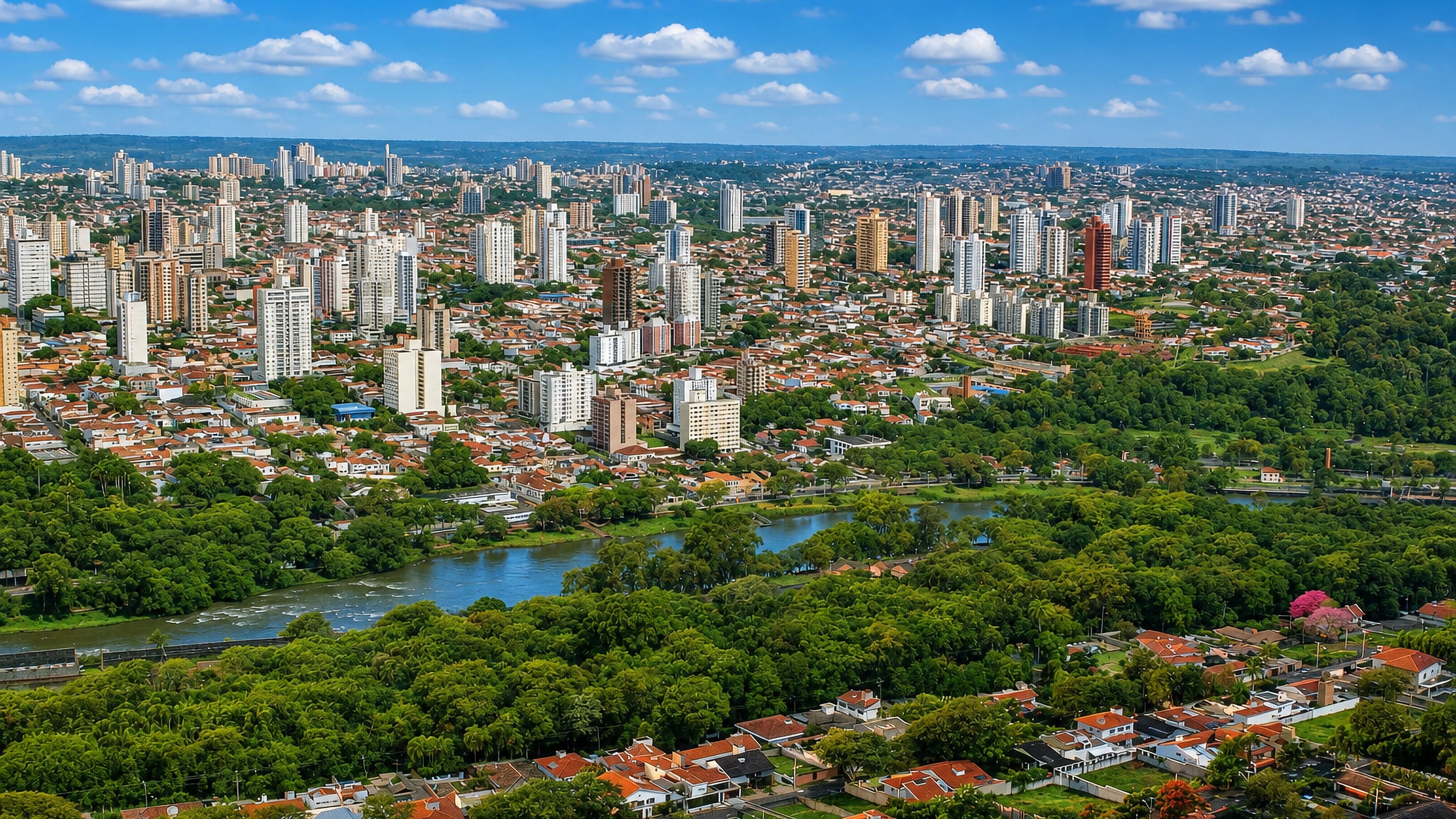 Aerial view of Piracicaba, Brazil, with high-rise towers, red-tiled rooftops and the Piracicaba River winding through.