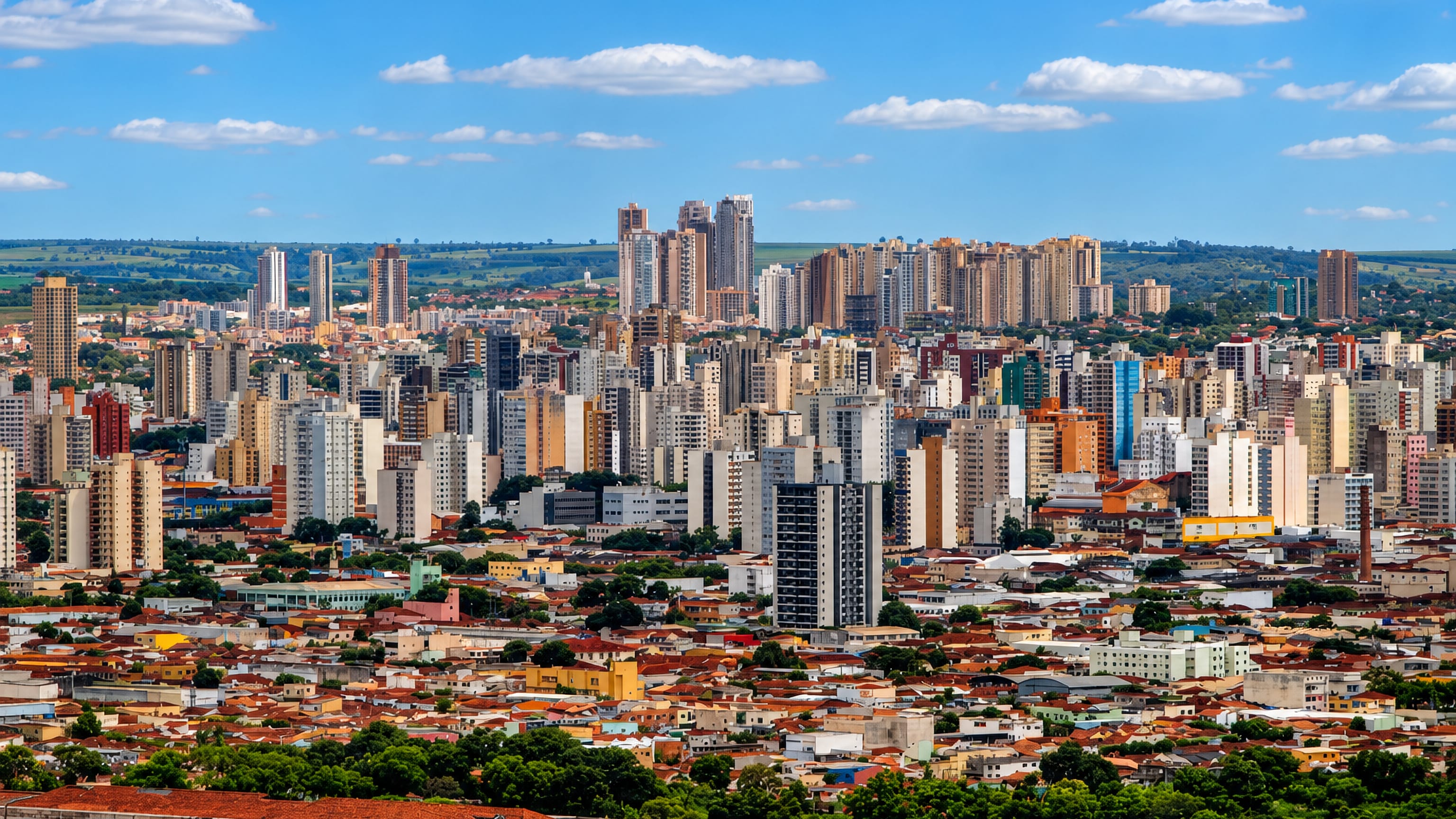 Ribeirão Preto, Brazil, seen across dense apartment towers and red-tiled rooftops with green countryside beyond