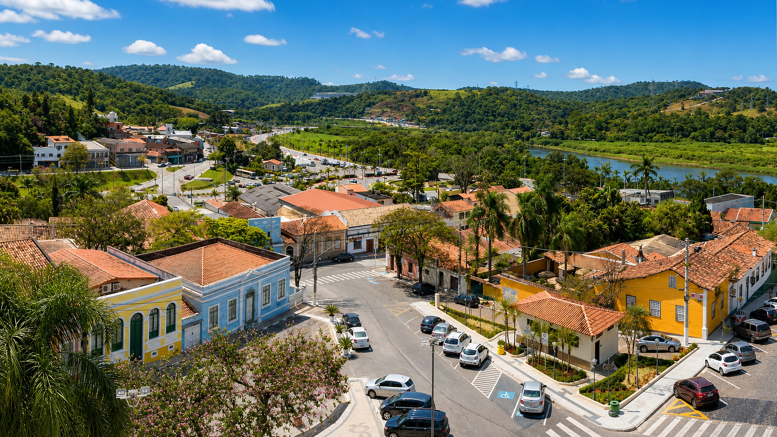 Pastel colonial houses and tiled roofs in the historic centre of Santana de Parnaiba above the Tiete river.