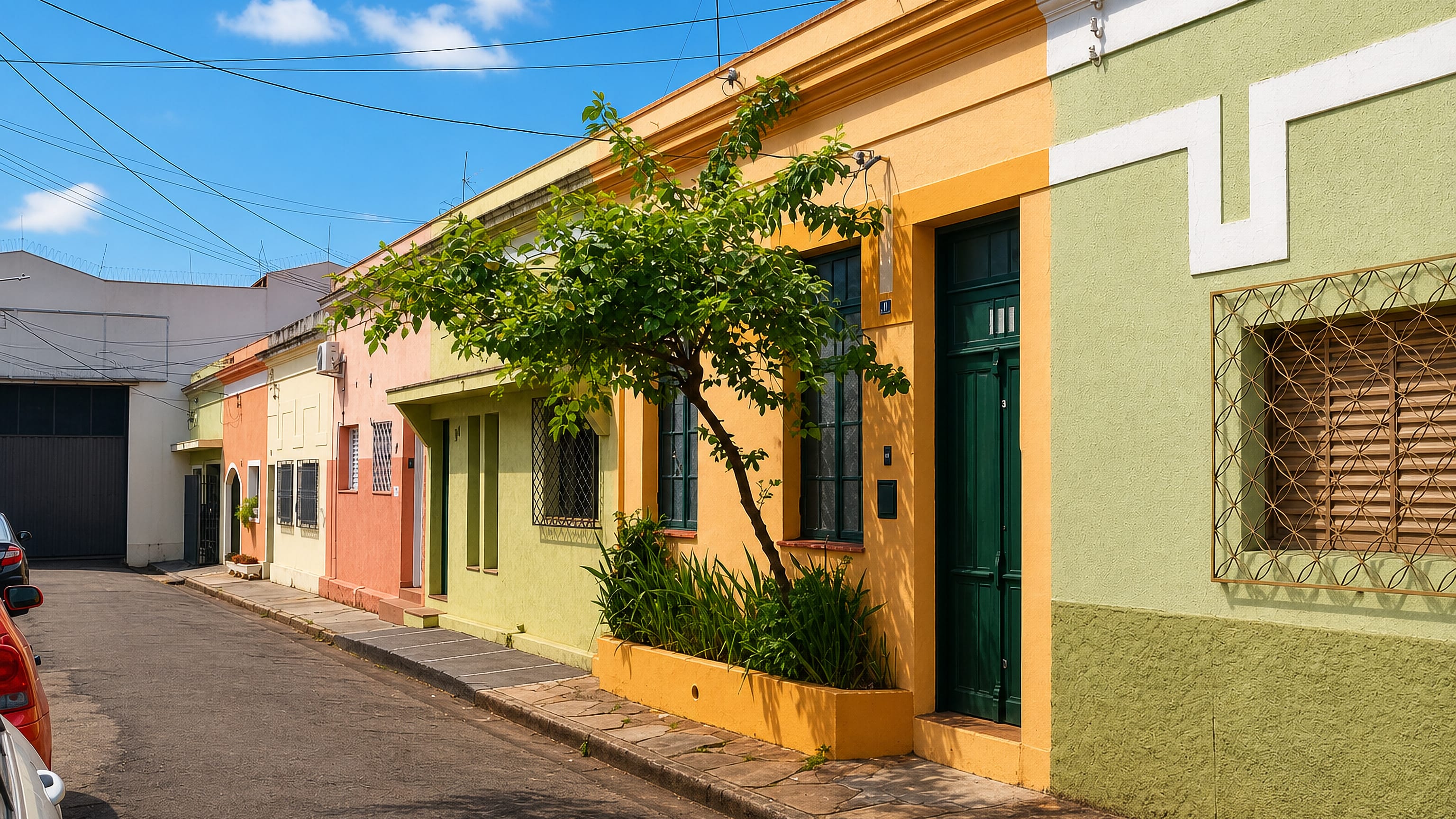Quiet street of pastel single-storey houses with a leafy sidewalk in central São Carlos, Brazil.