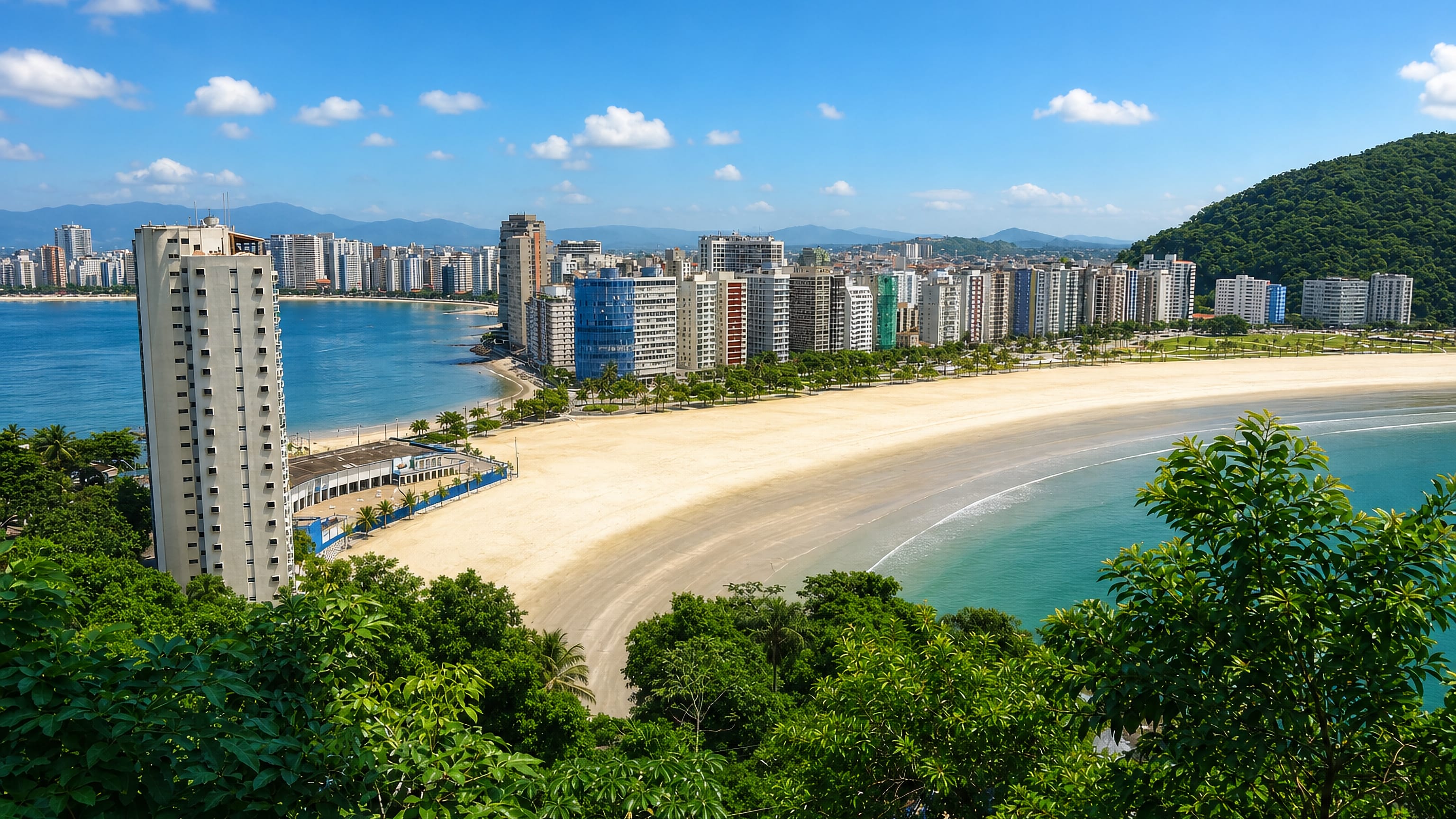 Curving beach and beachfront high-rises of São Vicente, Brazil, with a forested headland beyond.