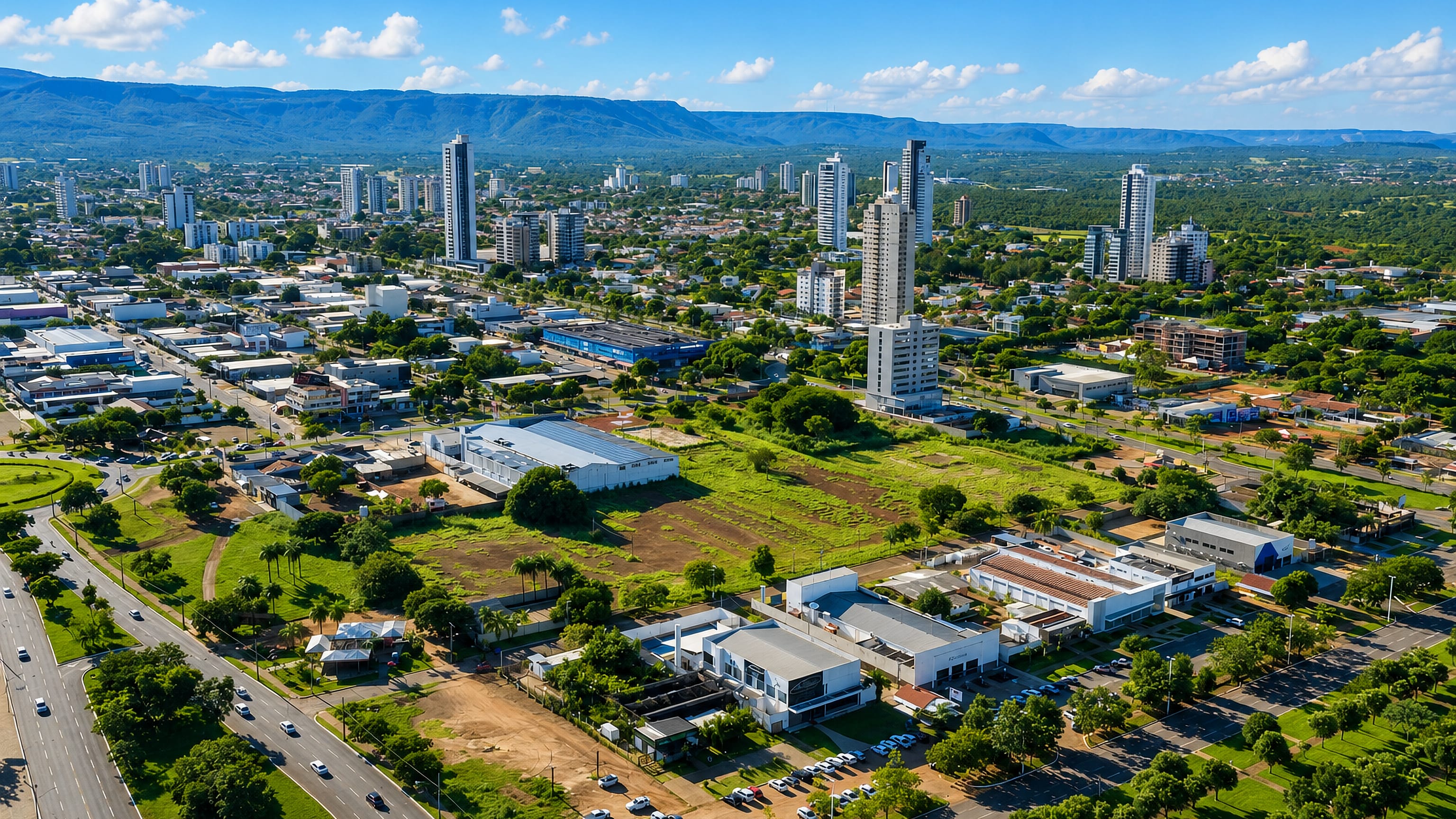 Aerial view of Palmas, Tocantins, its wide avenues and towers backed by the Serra do Lajeado escarpment.