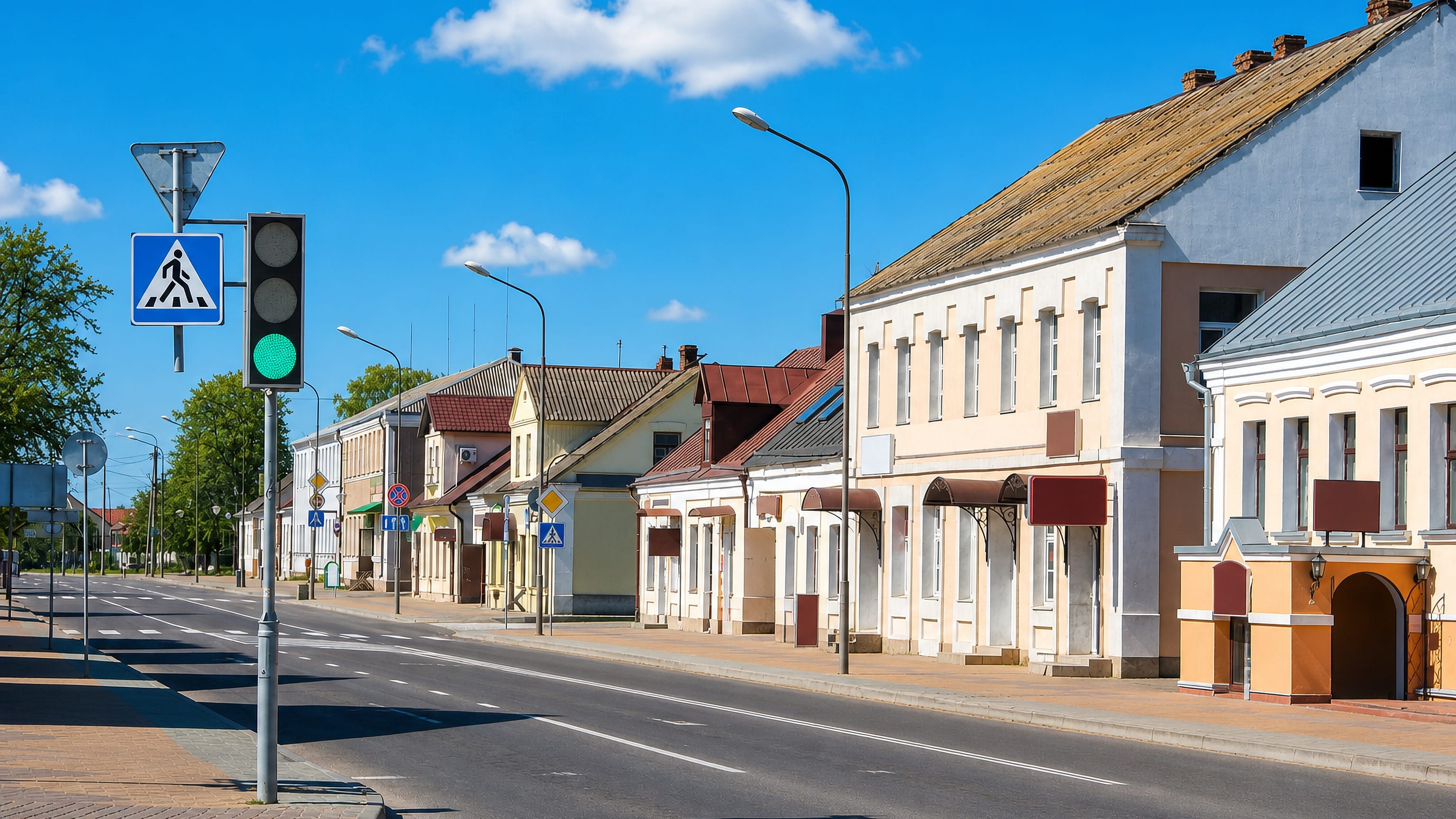 Pastel low-rise shopfronts along the quiet main street of Kobryn, Belarus, on a clear summer day.