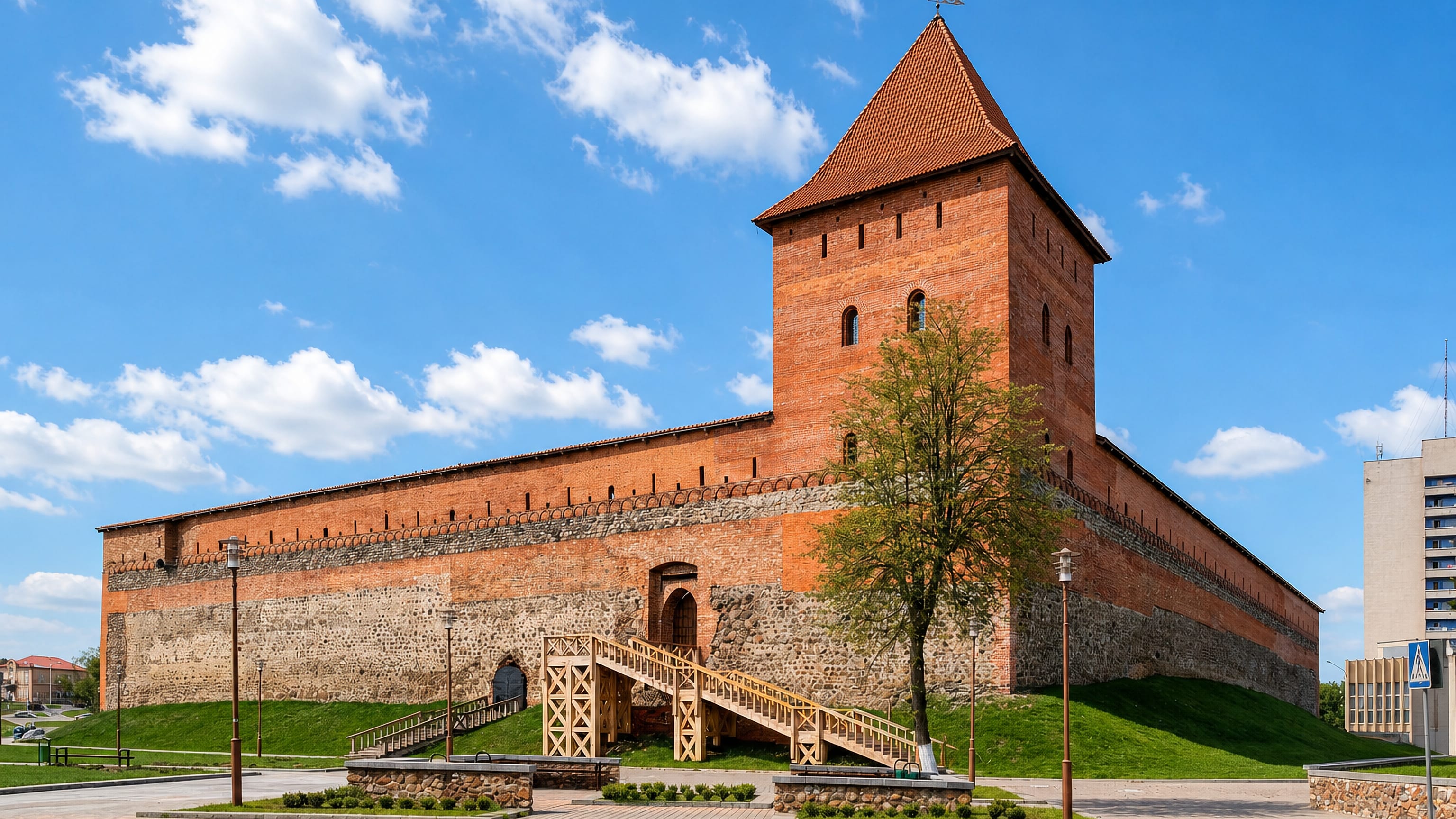 The red-brick walls and tower of Lida Castle above the town square in Grodno Region, Belarus.