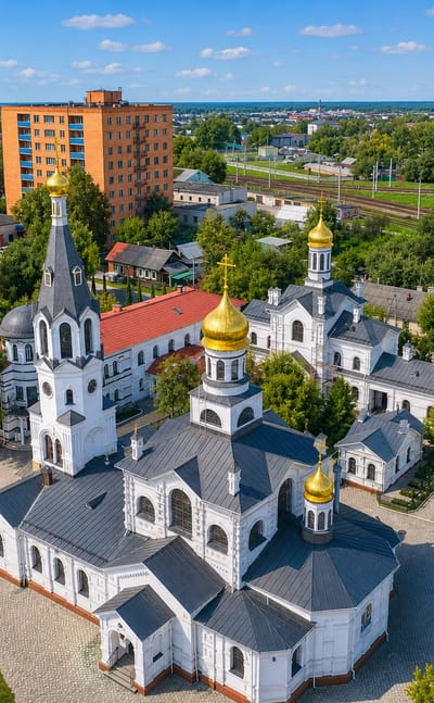 A white gold-domed Orthodox church among Soviet apartment blocks in Homyel', Belarus, beside railway tracks.
