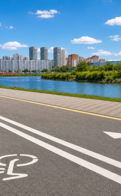 Riverside cycle path with apartment towers across the water in the Drazdy area of Minsk, Belarus