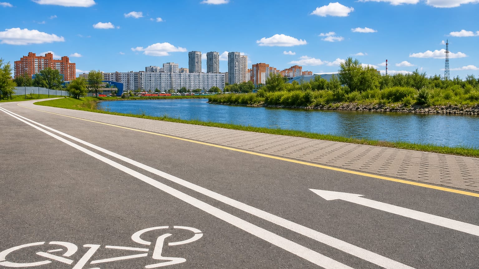 Riverside cycle path with apartment towers across the water in the Drazdy area of Minsk, Belarus