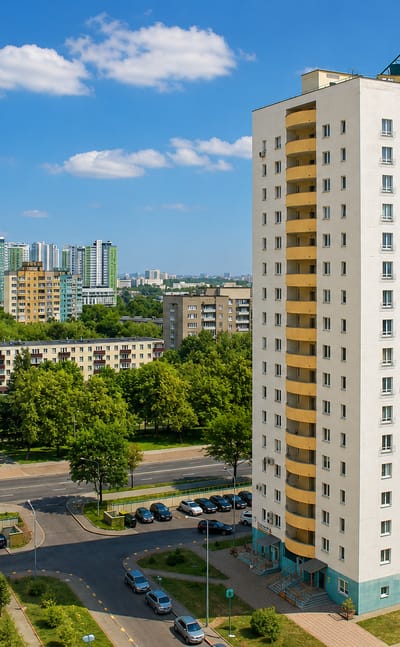 Modern apartment towers and tree-lined streets in the Frunzyenski residential district of Minsk, Belarus