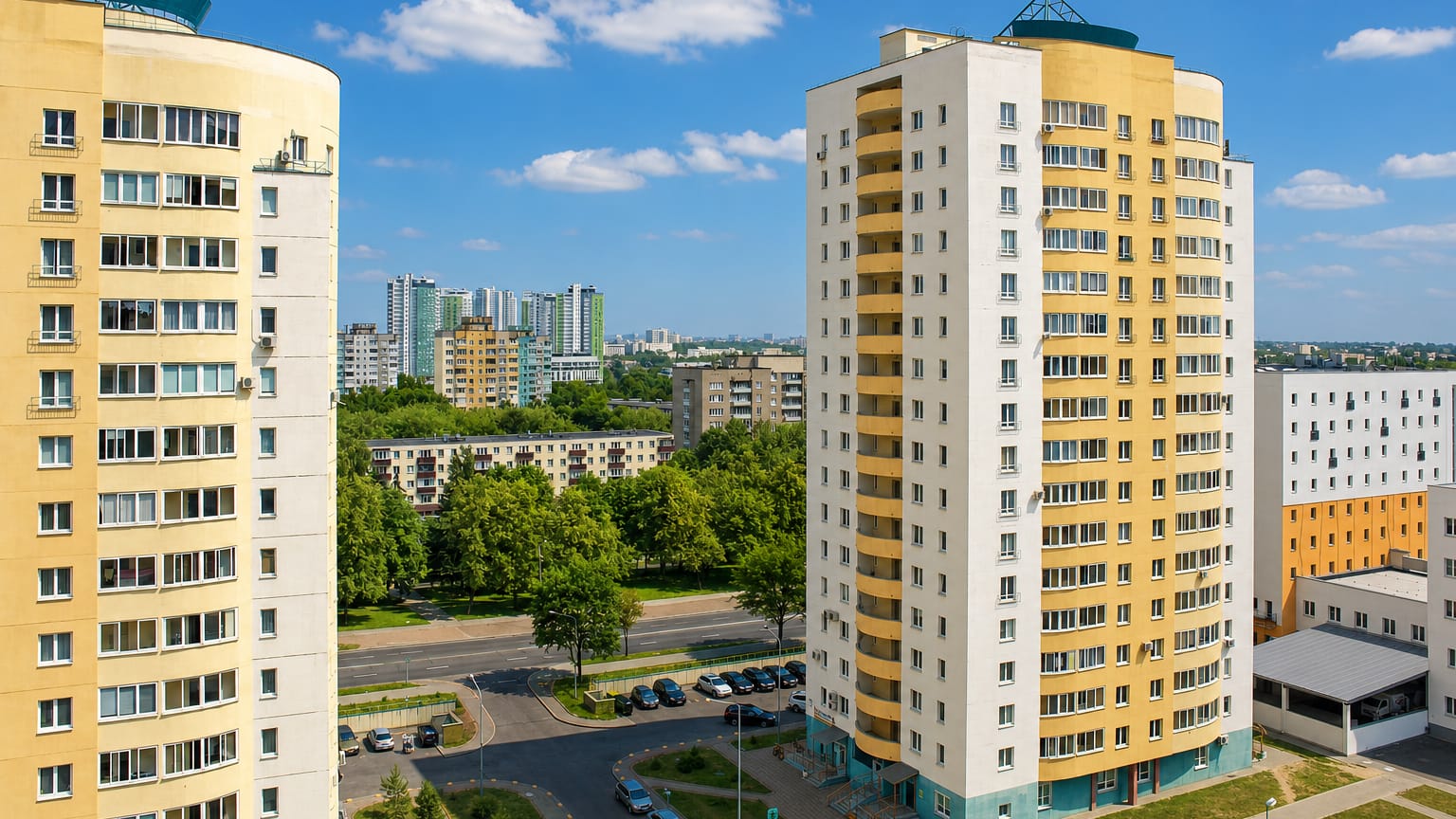 Modern apartment towers and tree-lined streets in the Frunzyenski residential district of Minsk, Belarus