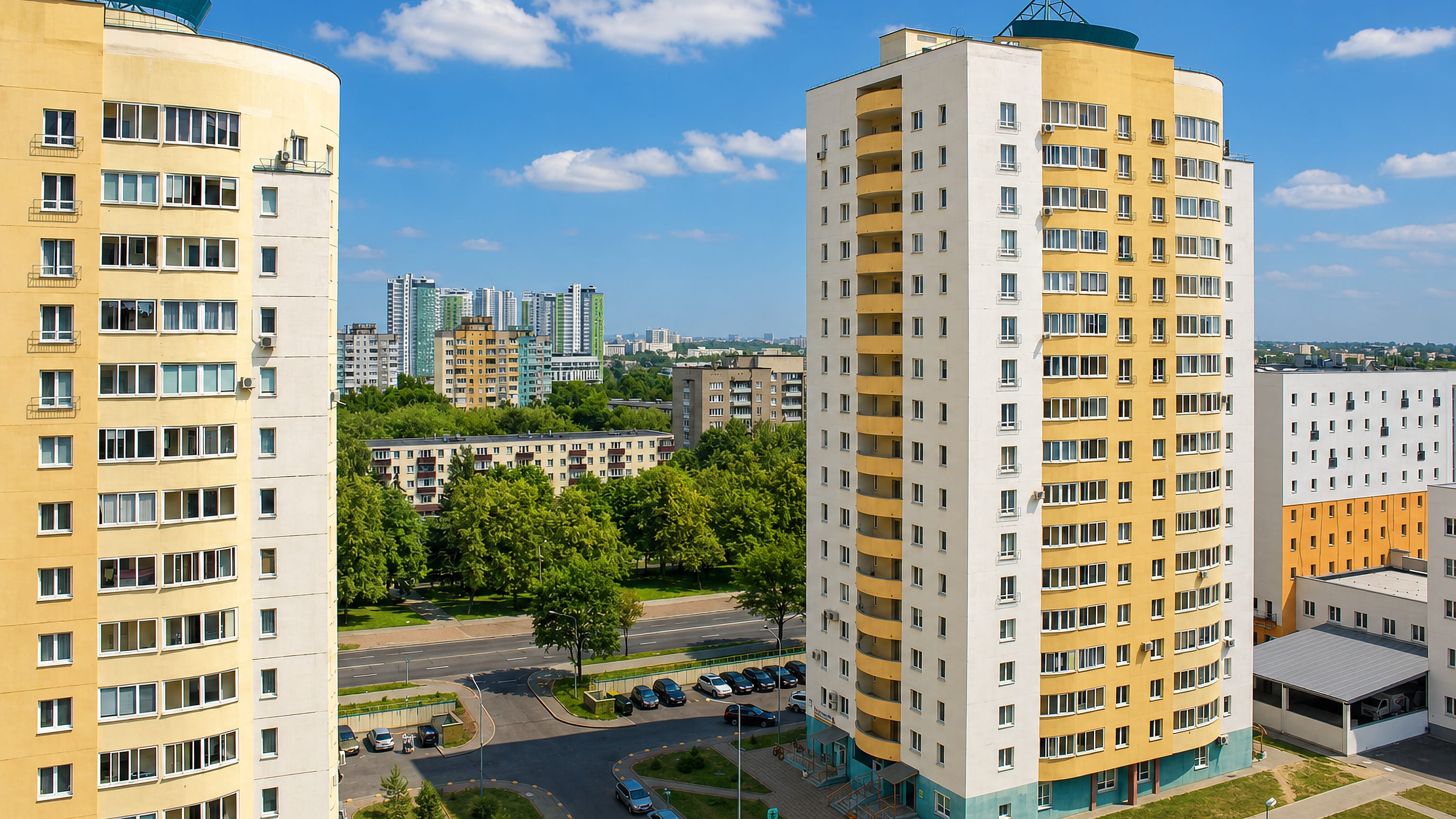 Modern apartment towers and tree-lined streets in the Frunzyenski residential district of Minsk, Belarus
