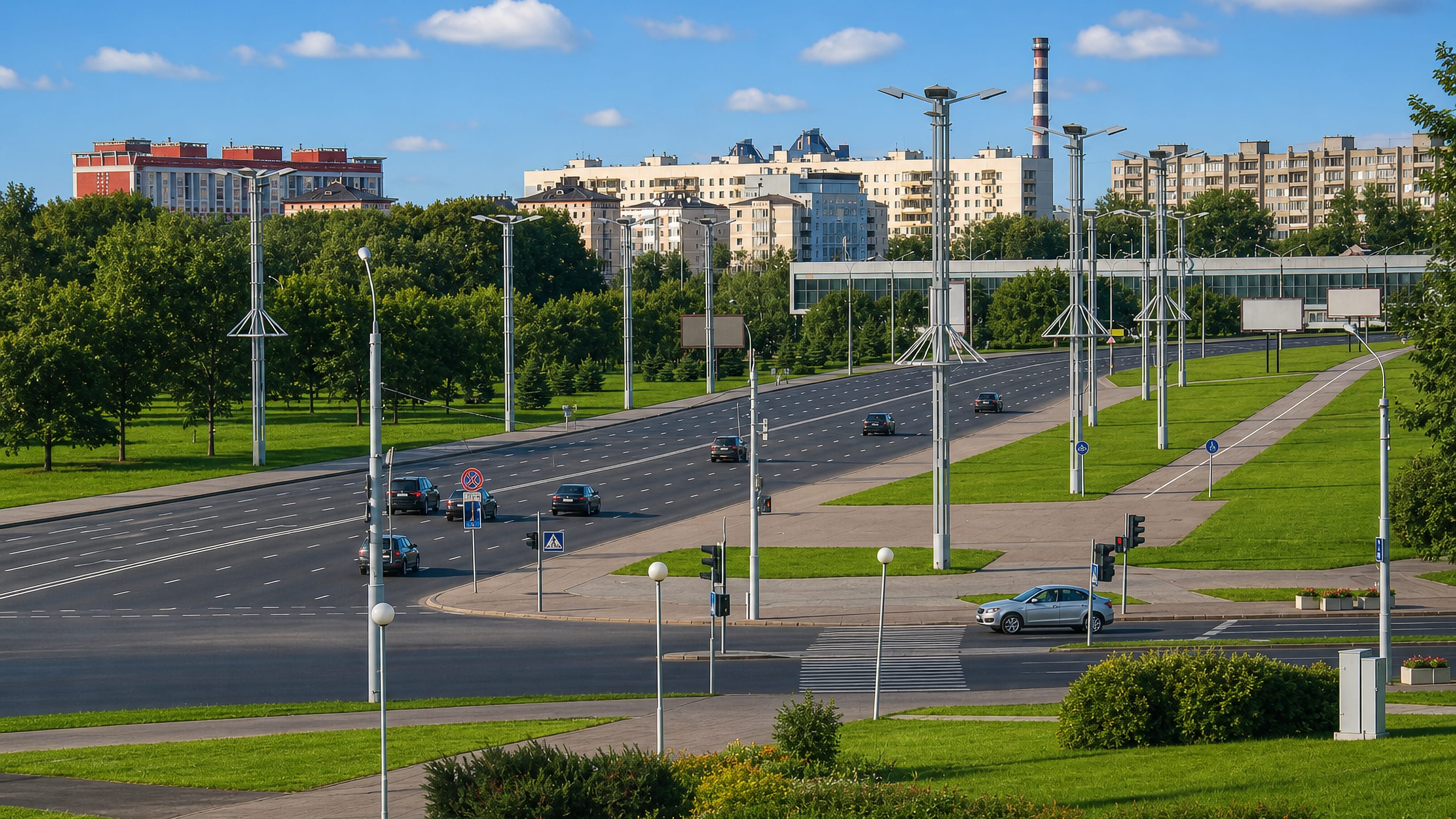 Wide tree-lined boulevard flanked by Soviet-era apartment blocks in Tsentralny District, Minsk, under a summer sky