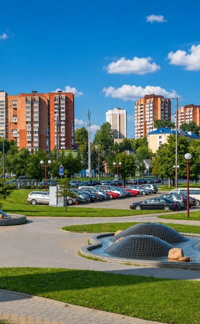 Park with domed structures and brick apartment blocks in the Zavodski district of Minsk, Belarus