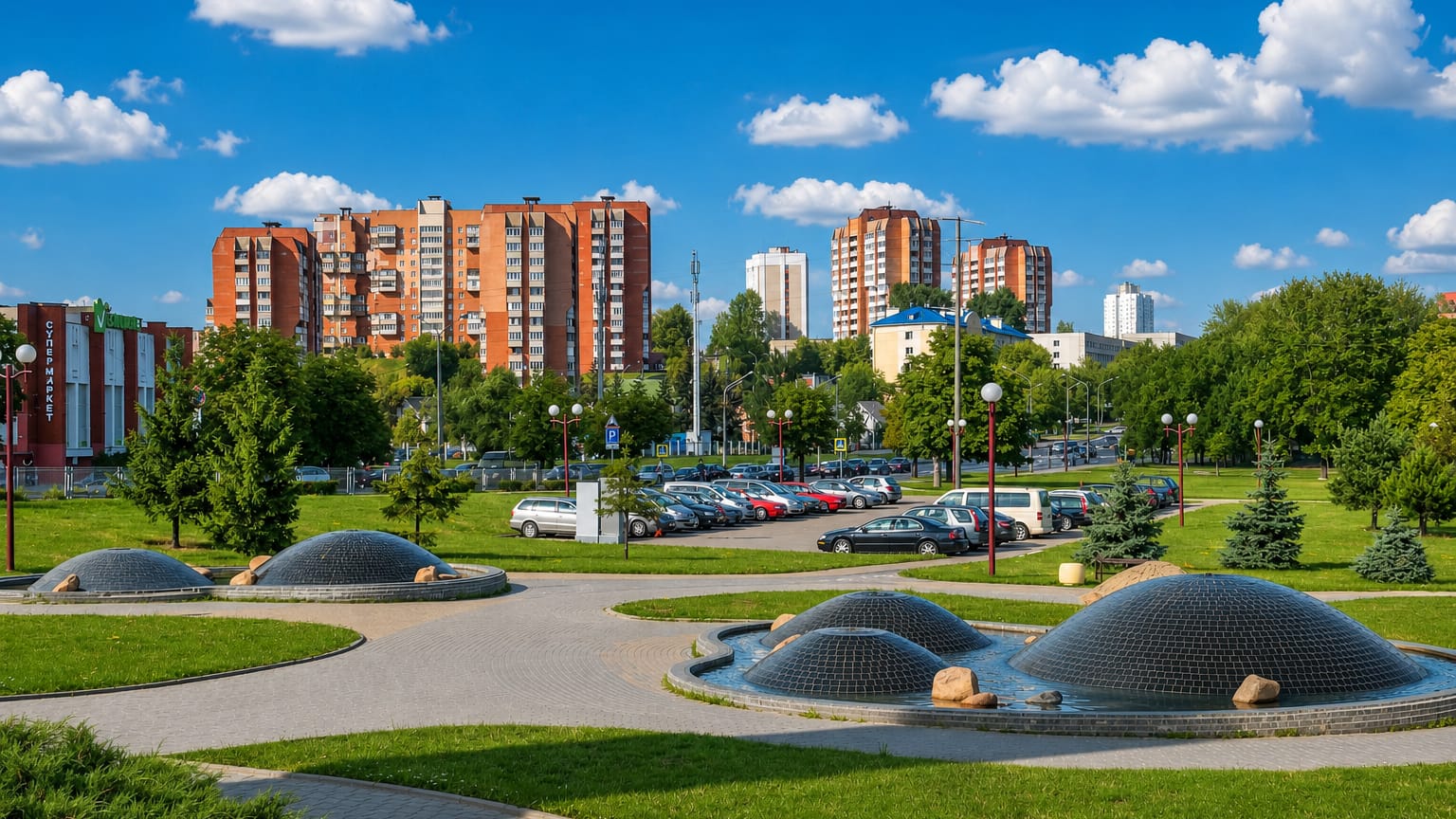 Park with domed structures and brick apartment blocks in the Zavodski district of Minsk, Belarus