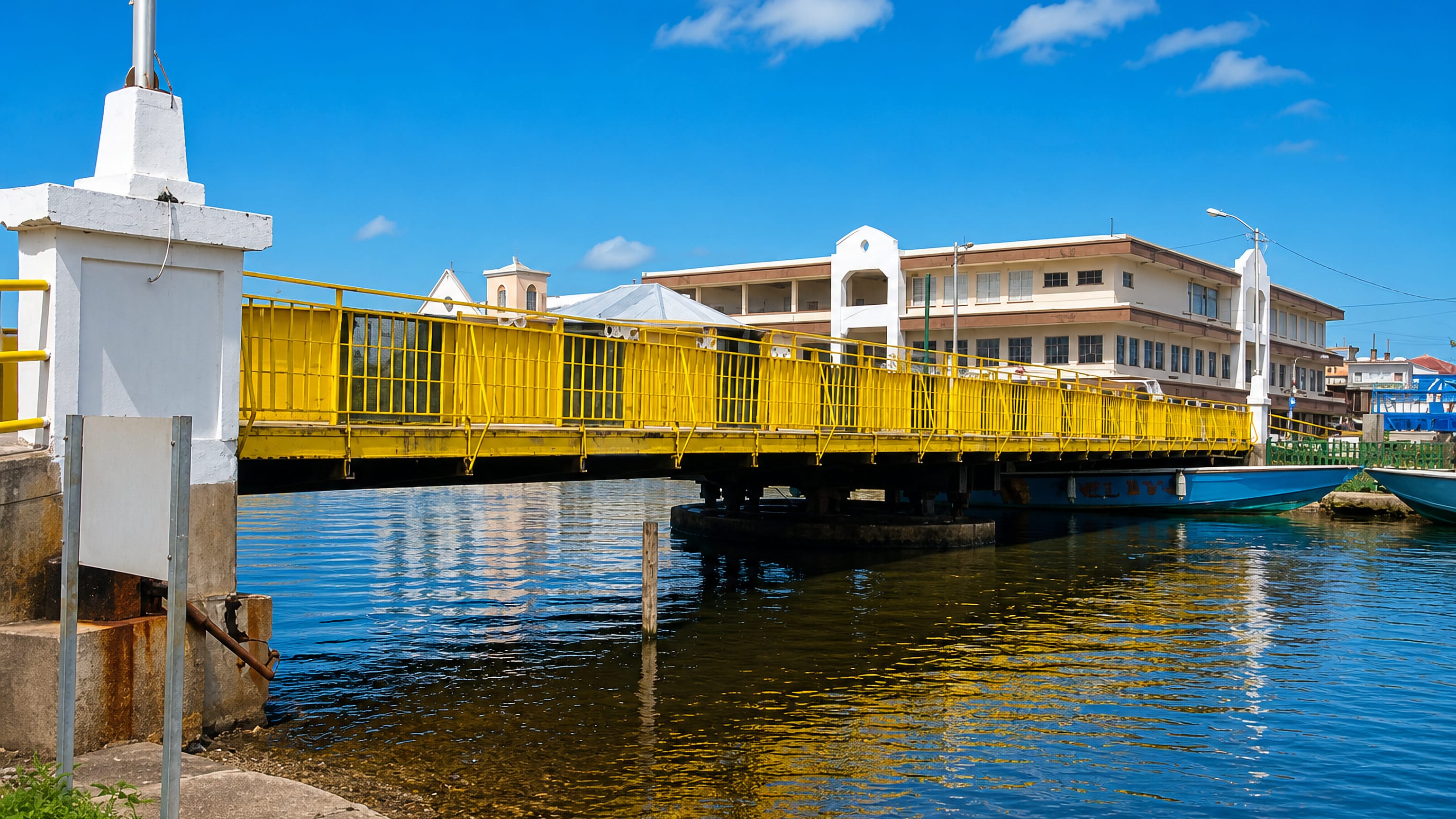 The yellow Swing Bridge over Haulover Creek in Belize City, with colonial waterfront buildings under a bright blue sky.