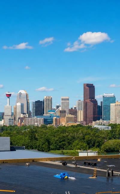 The downtown Calgary skyline with the Calgary Tower seen across rooftops from Albert Park/Radisson Heights
