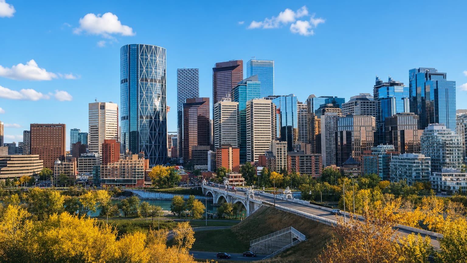Downtown Calgary skyline with the curved Bow tower and Centre Street Bridge seen from the Crescent Heights bluff amid autumn trees.