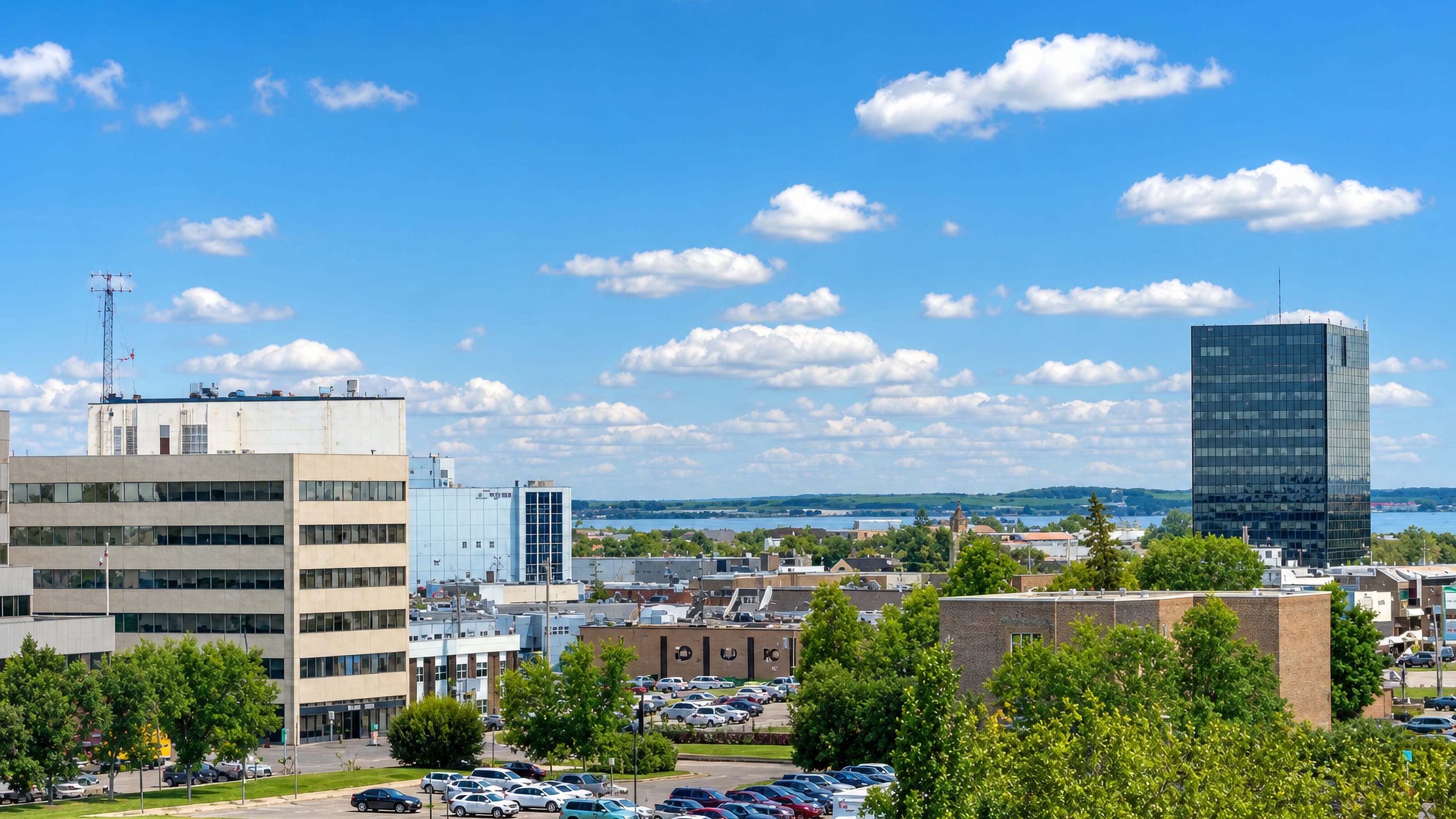 Downtown Grande Prairie, Alberta, with its glass office tower, low-rise blocks and distant lake.