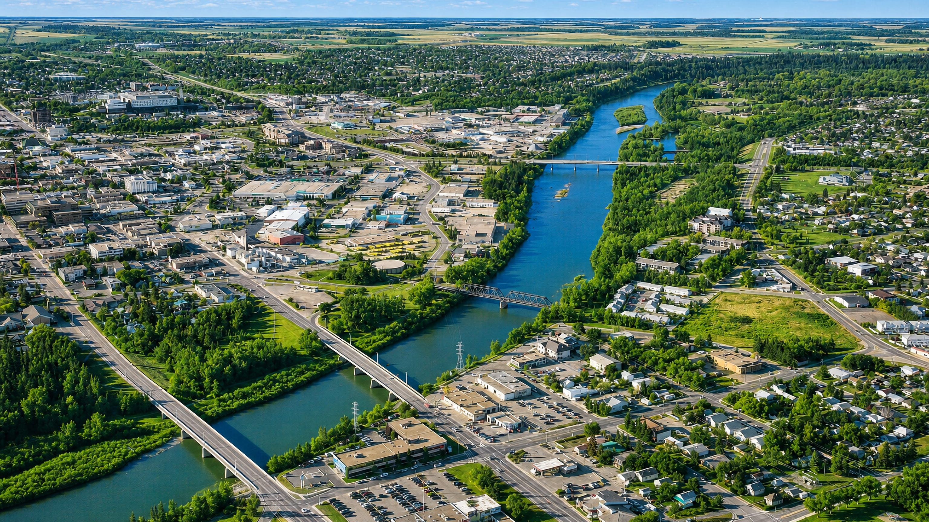 Aerial view of Red Deer, Alberta, its river and bridges threading the city with prairie farmland beyond.