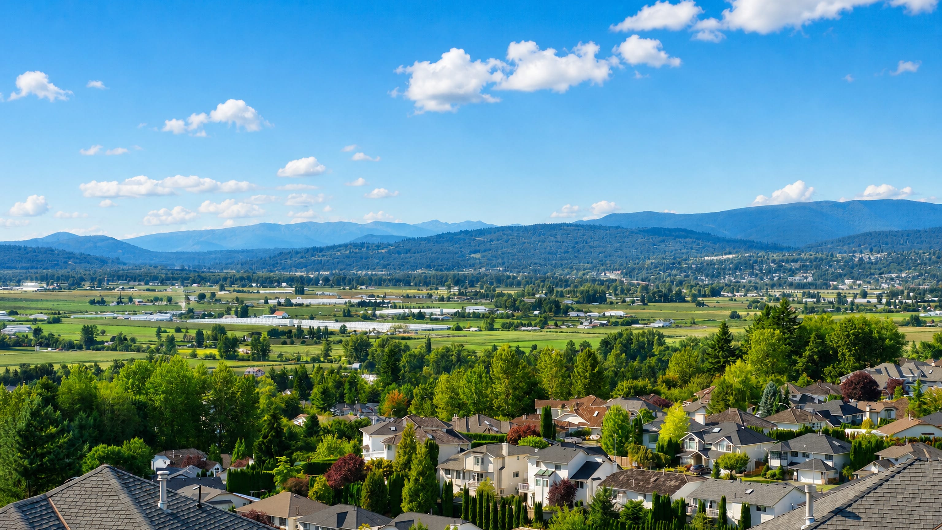 Abbotsford's hillside homes overlooking the Fraser Valley farmland and distant Coast Mountains, British Columbia.