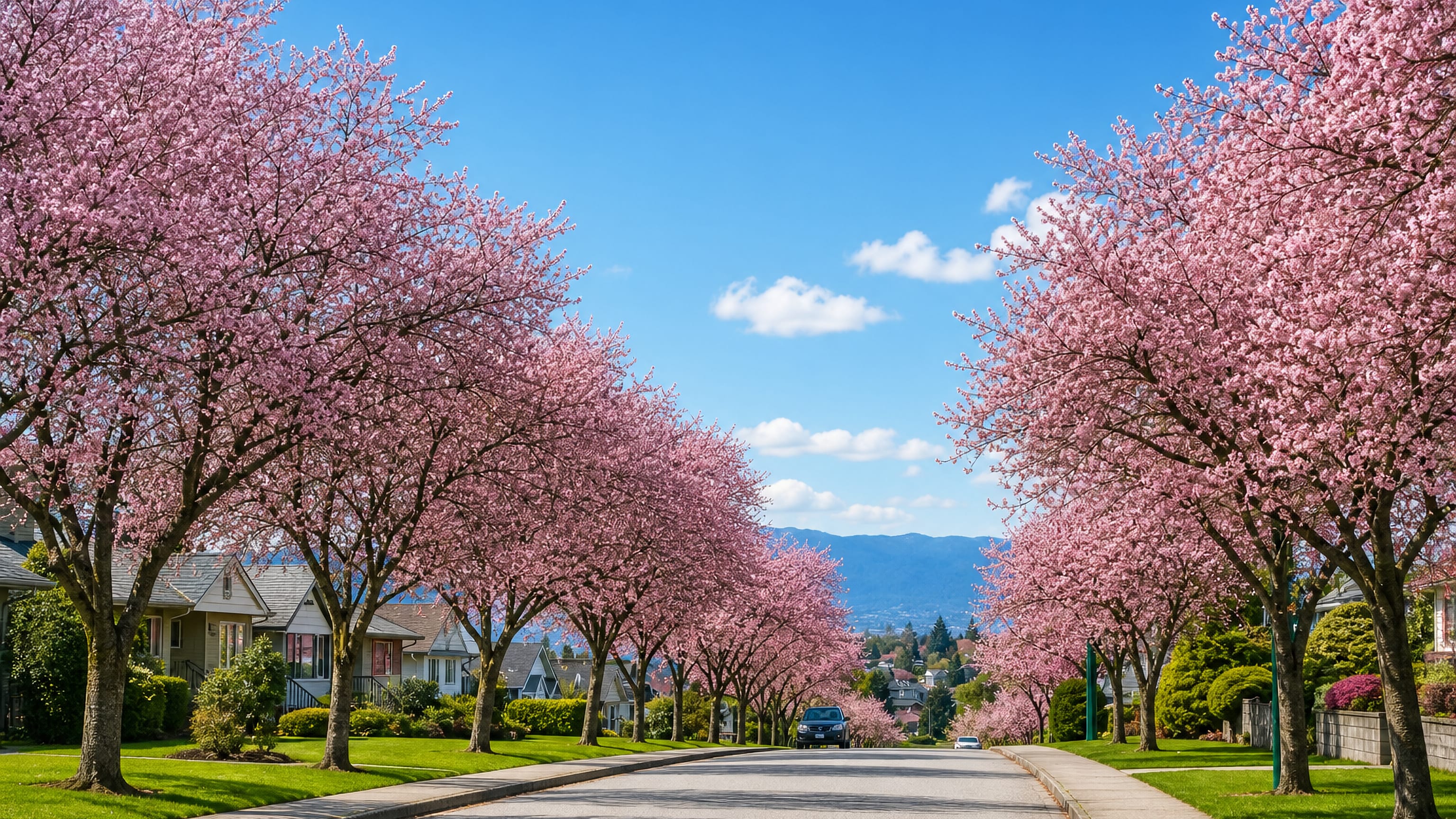 Cherry blossom trees lining a residential street in Brentwood Park, Burnaby, with mountains rising beyond.