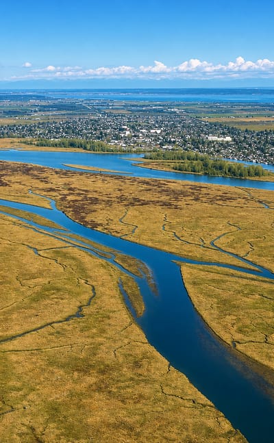 Aerial over the Fraser delta marshes and the riverside town of Ladner, British Columbia.