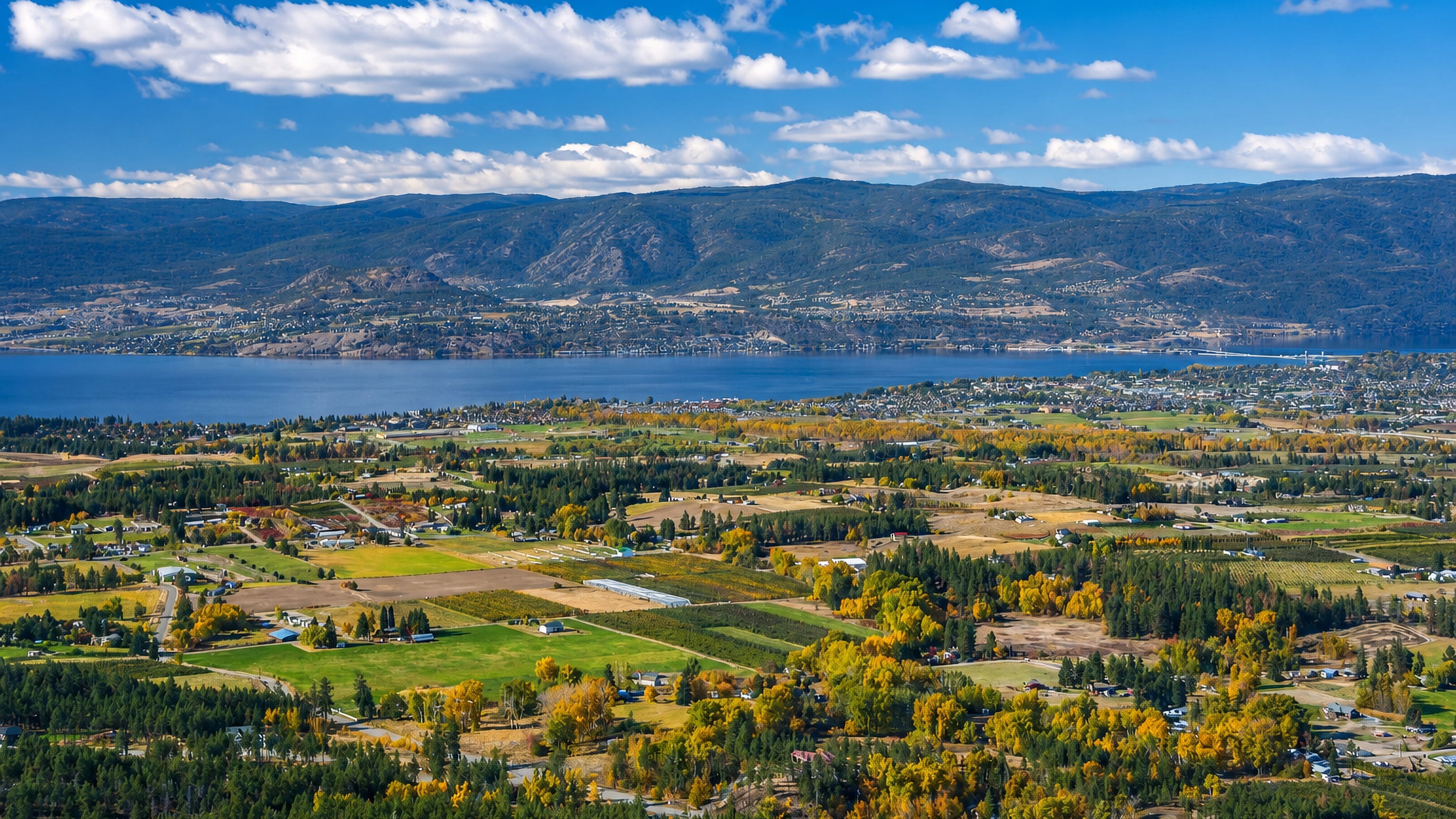 Kelowna's orchard and vineyard benchlands sloping down to Okanagan Lake, with dry mountains beyond.