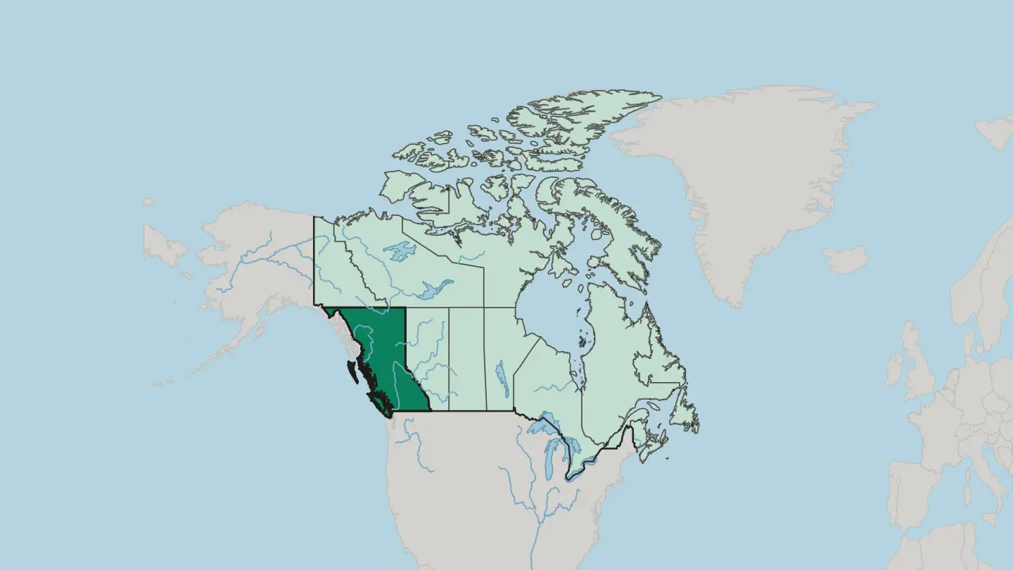 Map of British Columbia in Canada