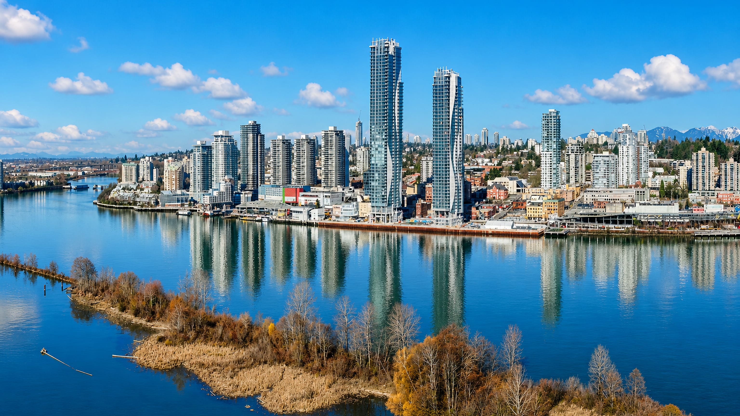 Highrise towers on New Westminster's Fraser River waterfront seen across a reedy island, mountains beyond.