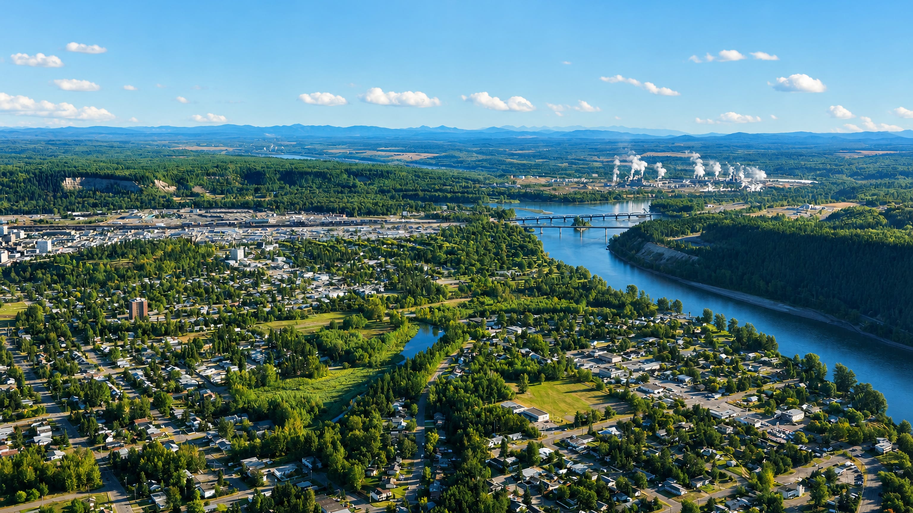 Aerial view of Prince George, British Columbia, at the forested river confluence with pulp mills steaming