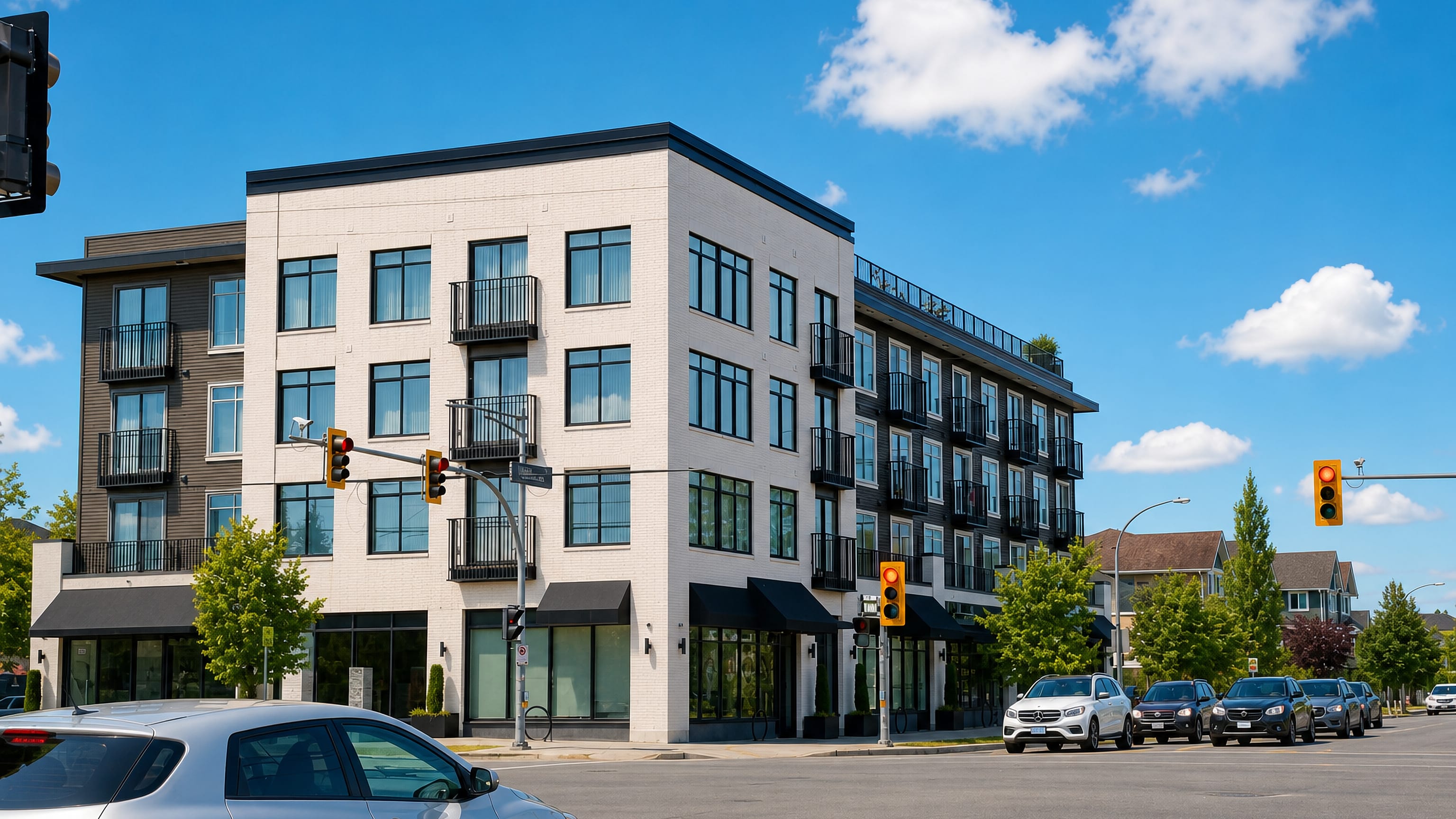 Modern four-storey mixed-use building with black balconies at a sunlit street corner in Broadmoor, Richmond