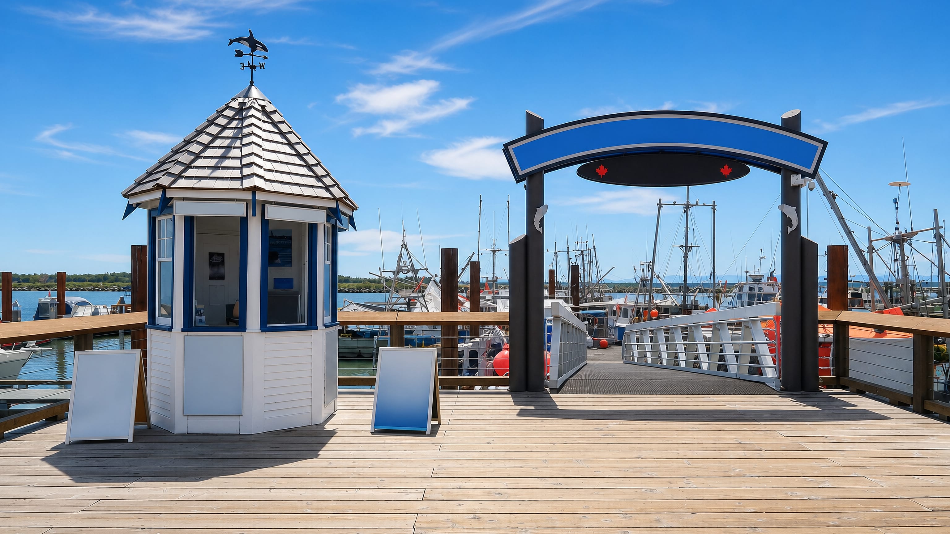 Wooden boardwalk, orca-topped kiosk and moored fishing fleet at Steveston's Fisherman's Wharf, Richmond BC.