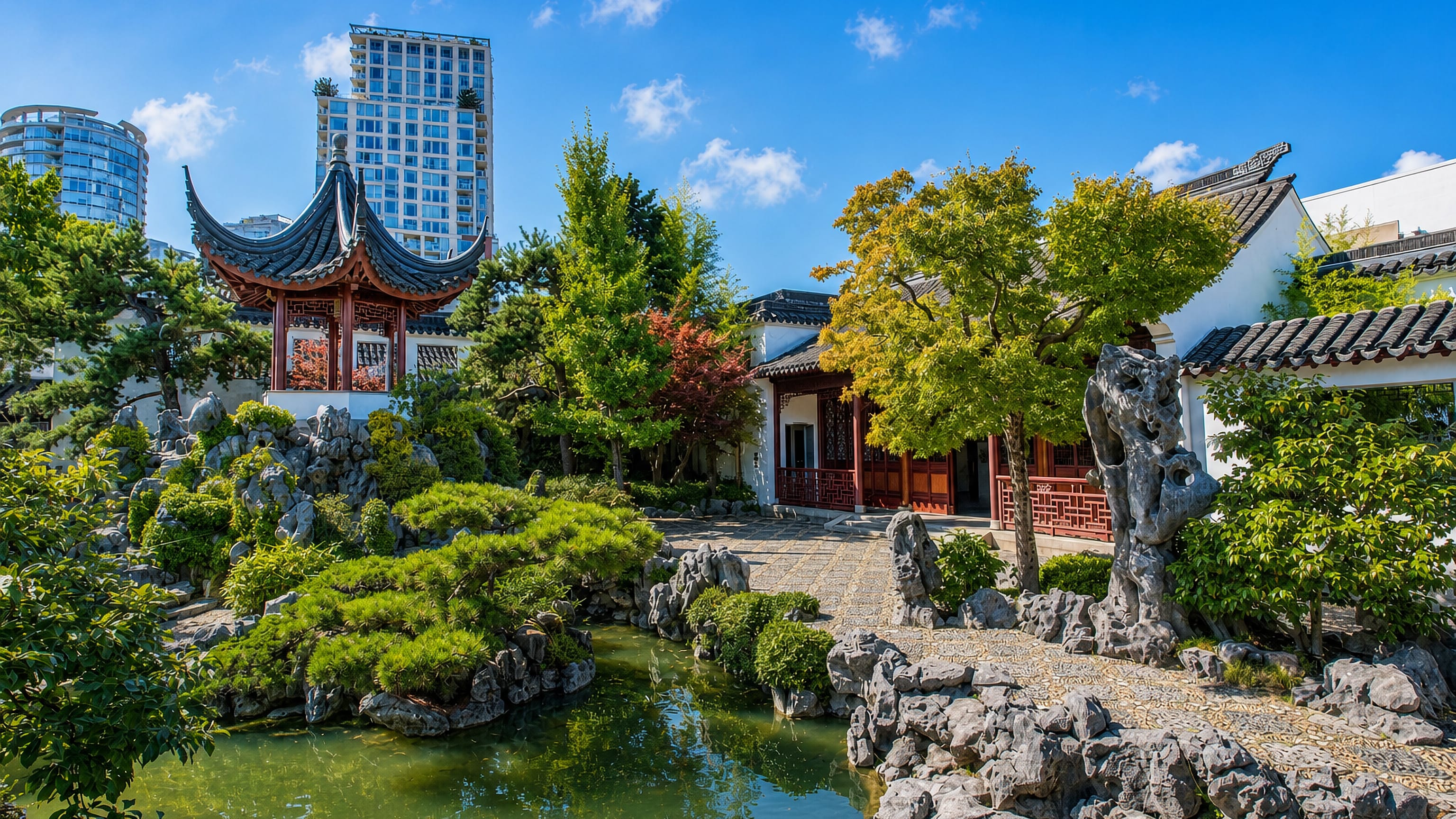Dr. Sun Yat-Sen Classical Chinese Garden in Vancouver's Chinatown, with pavilion, rockery pond and towers behind