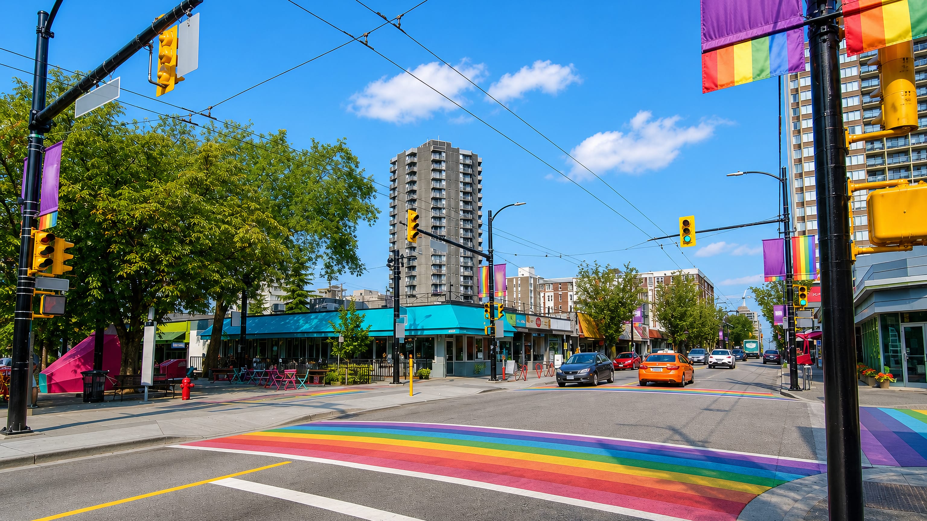 Rainbow crosswalk and pride banners at a Davie Street intersection in Vancouver's Davie Village.