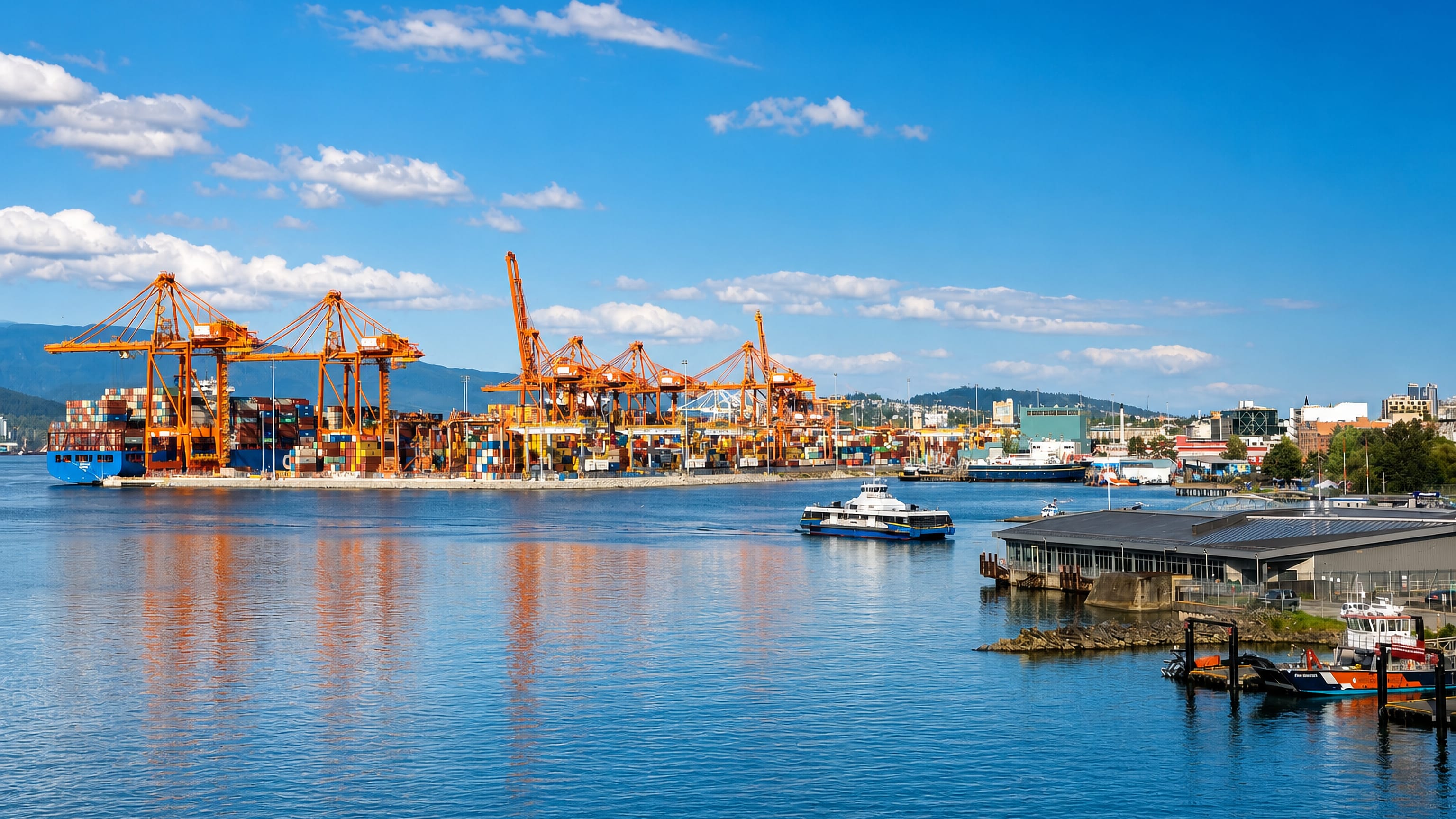 Vancouver's harbour beside the Downtown Eastside, with port container cranes, a SeaBus and the North Shore hills.