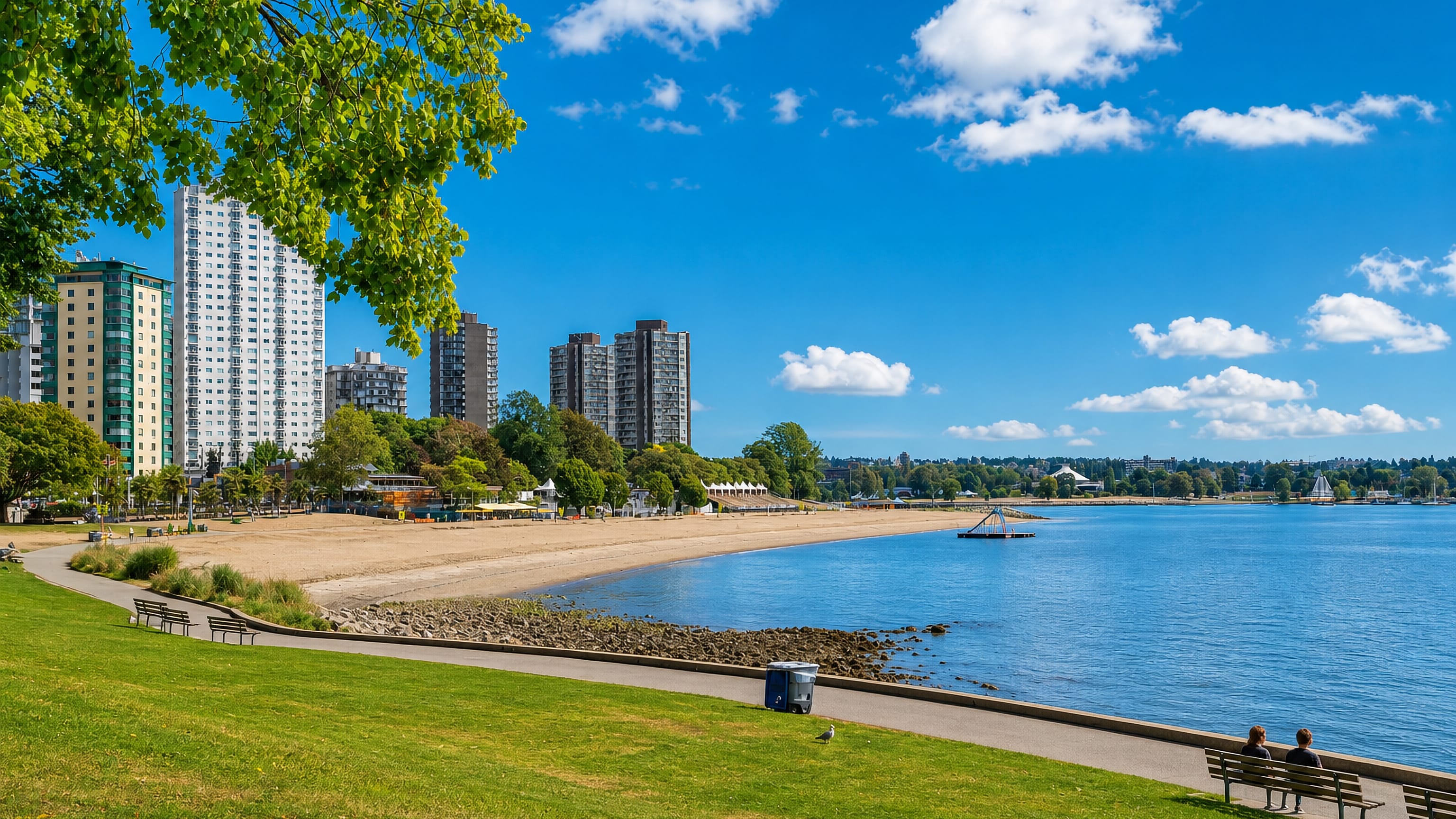 English Bay Beach, seawall lawn and West End towers on Vancouver's waterfront on a clear day.