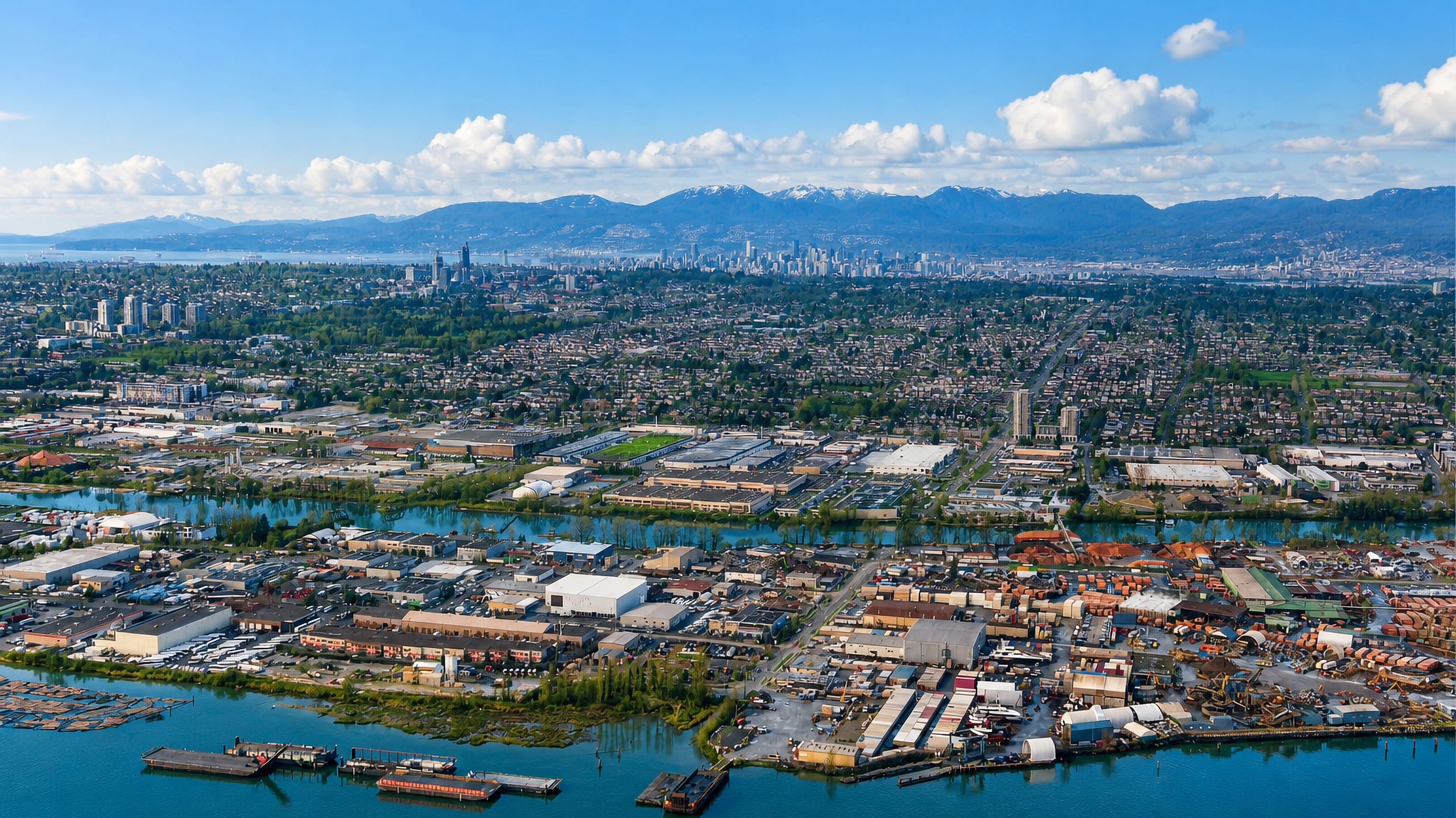 Aerial view over Sunset in south Vancouver: Fraser River waterfront, downtown towers and North Shore mountains.
