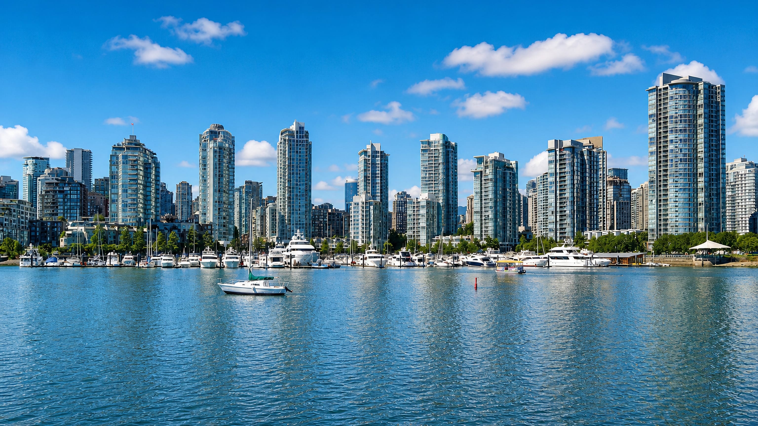 Yaletown's glass towers rising above the False Creek marina in Vancouver on a clear day.