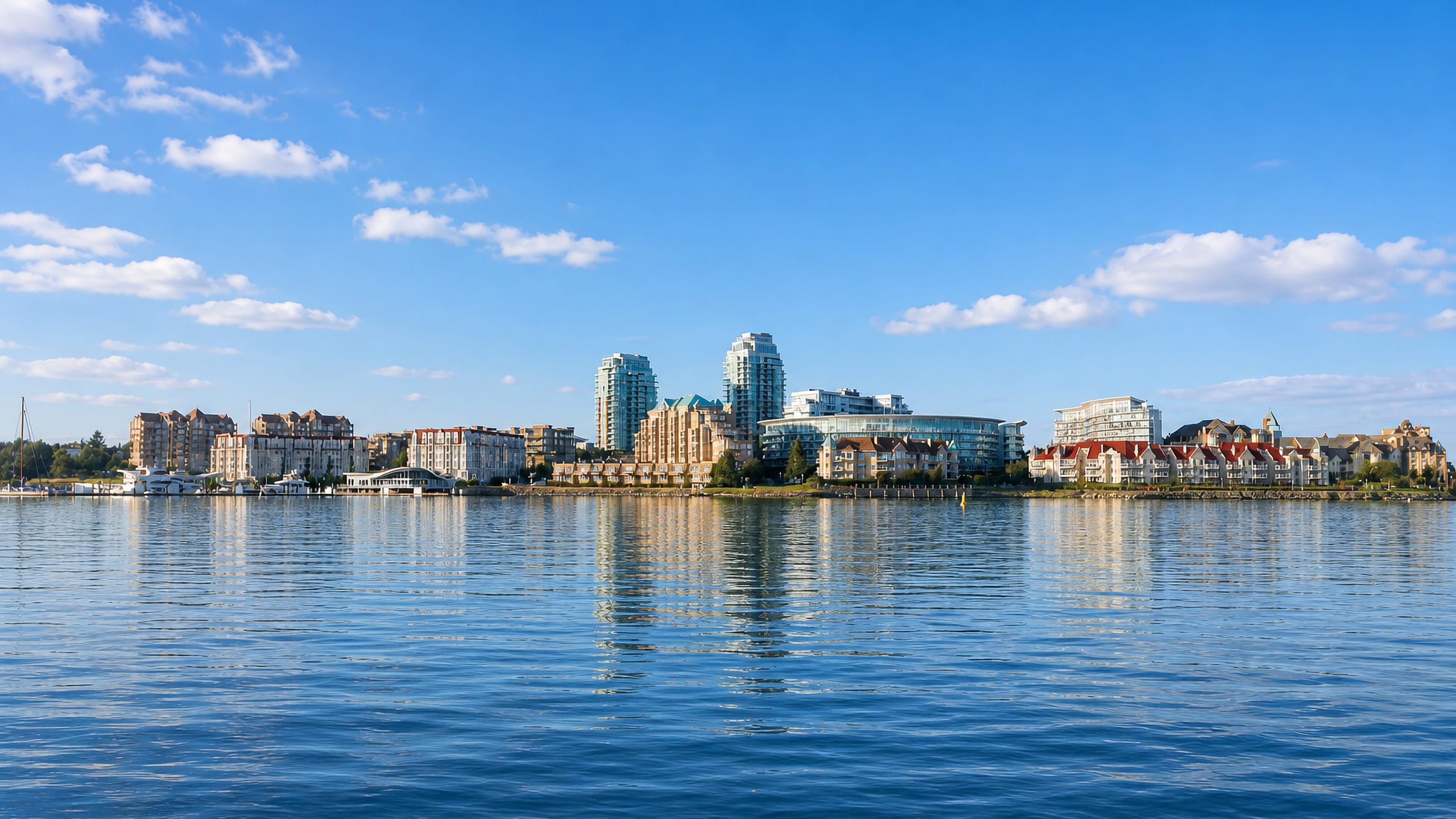 The Victoria West waterfront in Victoria, British Columbia, with condo towers reflected in the harbour.