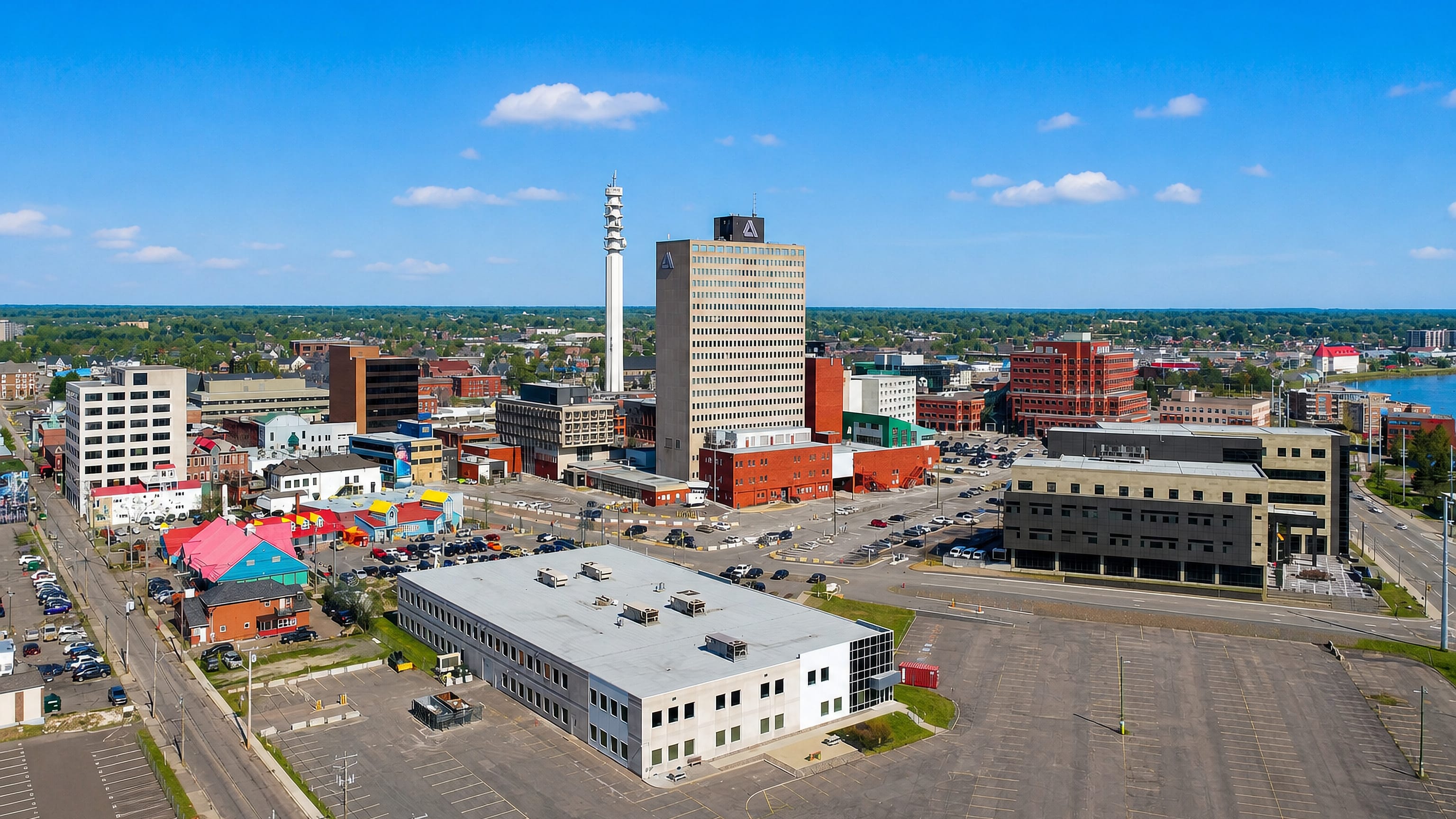 Downtown Moncton, New Brunswick, with the Assumption Place tower and communications mast above low brick blocks.