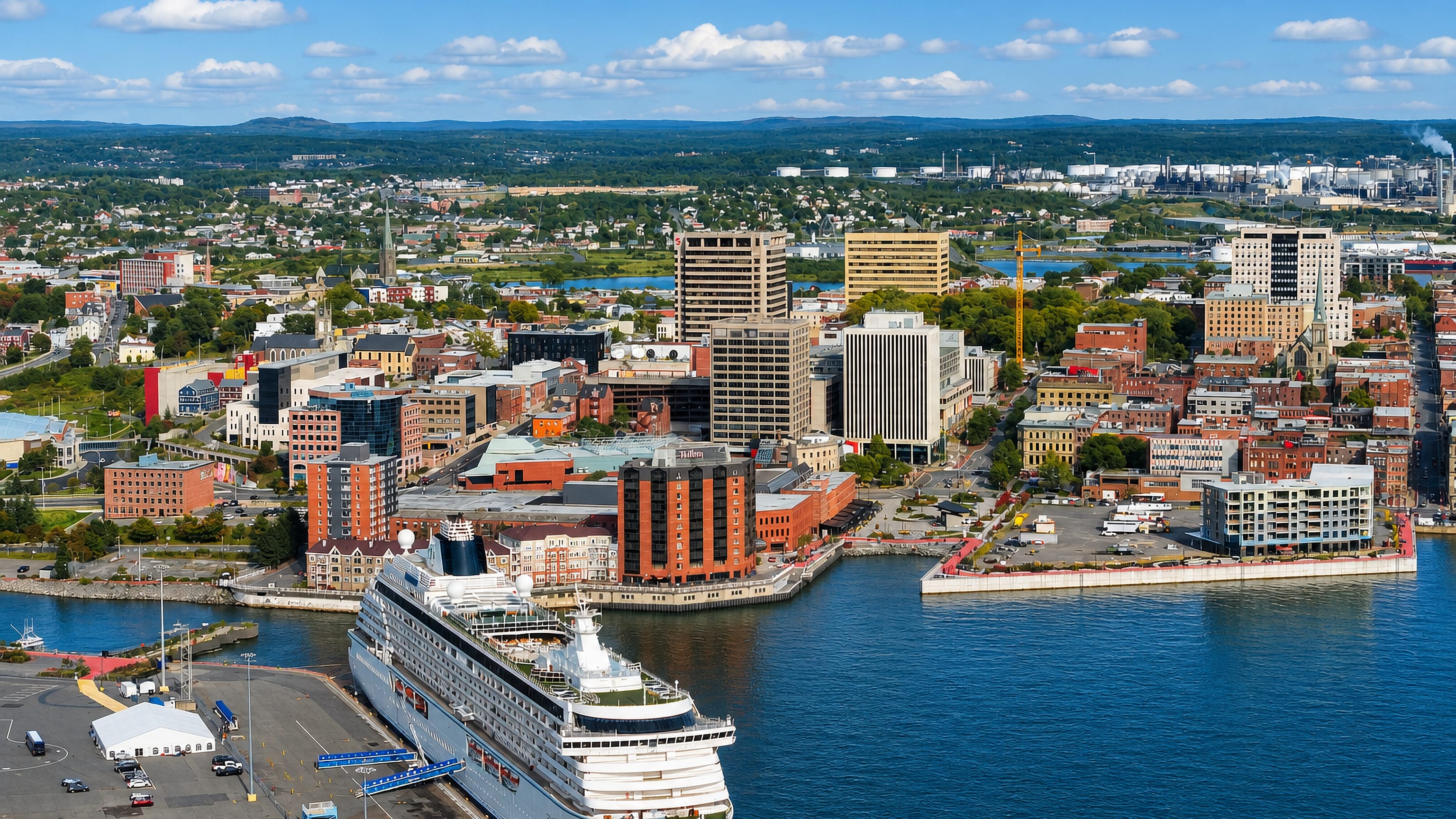 Cruise ship berthed below the red-brick uptown towers and harbourfront of Saint John, New Brunswick.