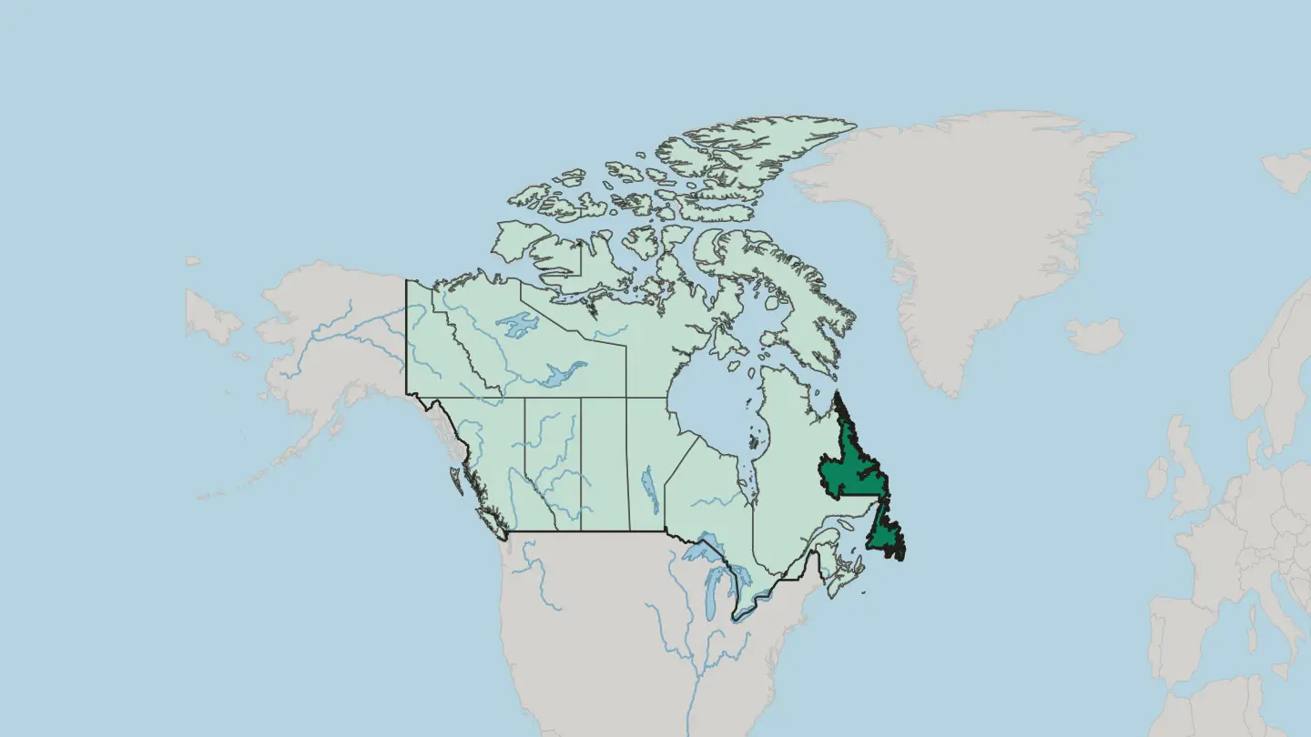 Map of Newfoundland and Labrador in Canada