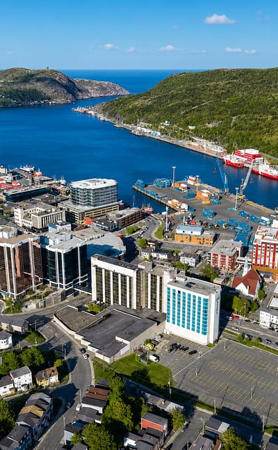 Aerial view of St. John's harbour and colourful downtown below Signal Hill and the Narrows.
