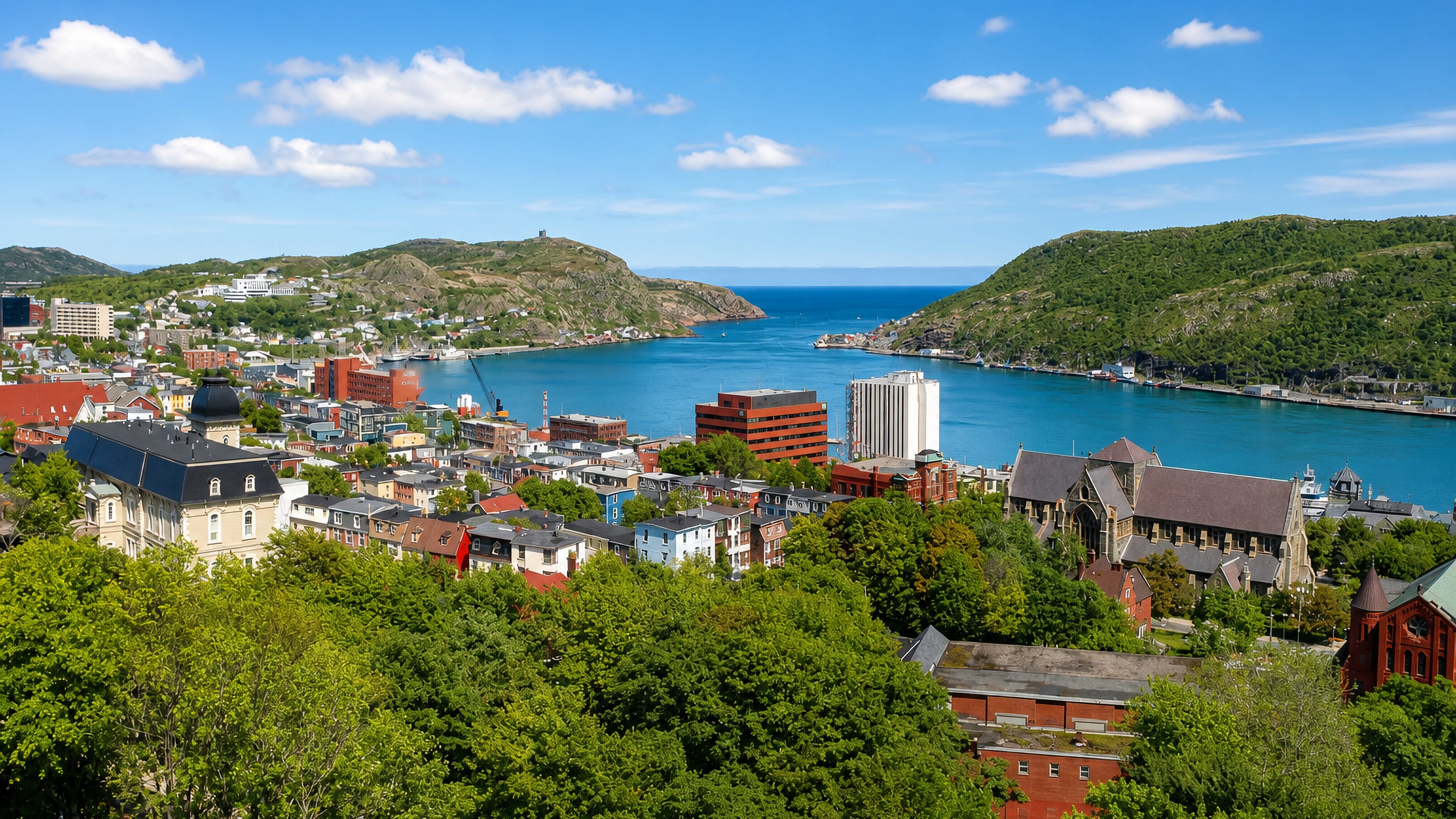 Downtown St. John's above the harbour, with the Basilica, colourful row houses and Signal Hill flanking The Narrows