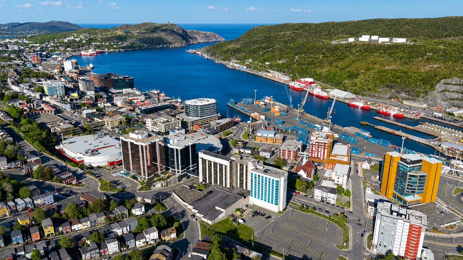 Aerial view of St. John's harbour and colourful downtown below Signal Hill and the Narrows.