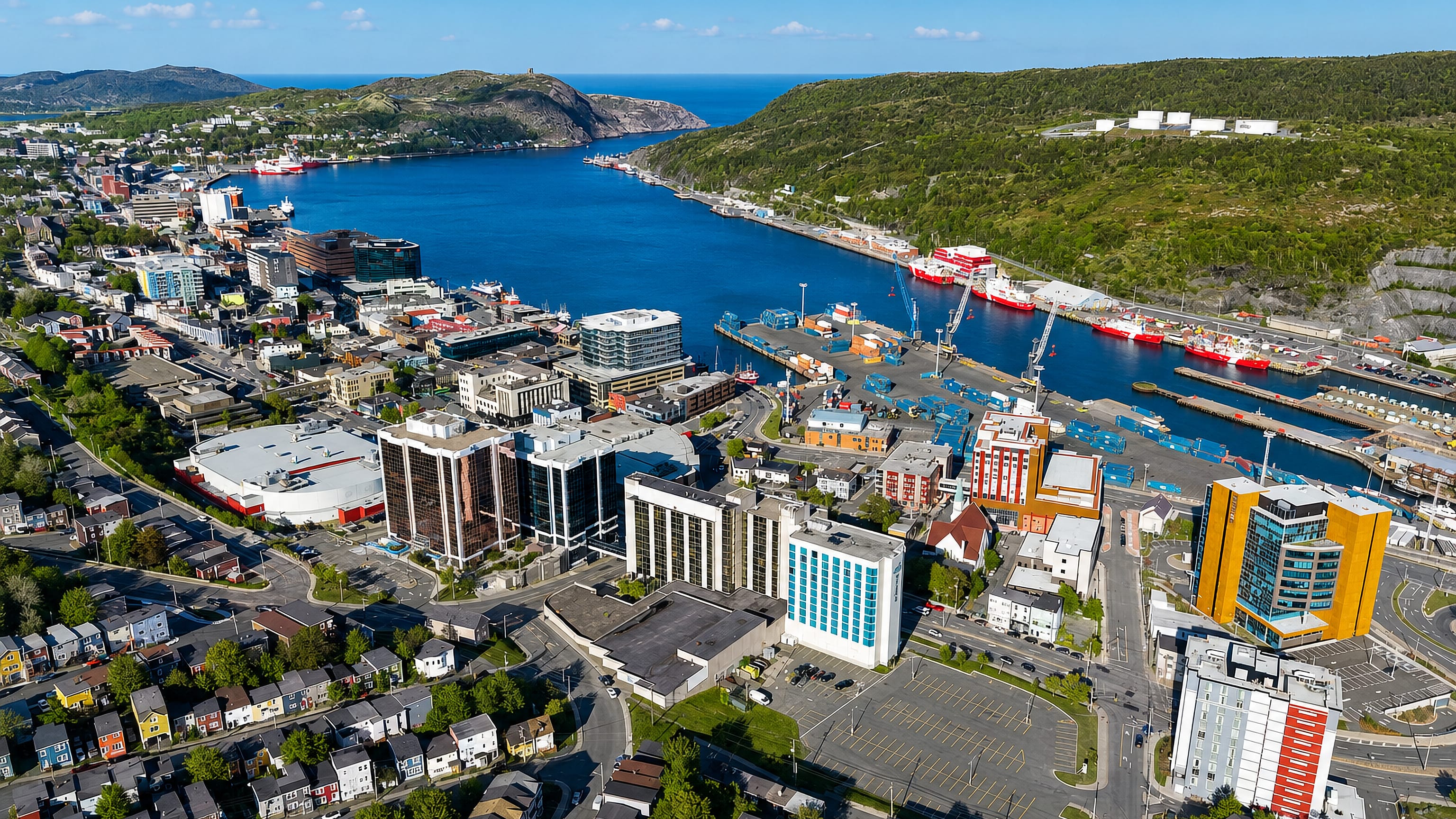 Aerial view of St. John's harbour and colourful downtown below Signal Hill and the Narrows.