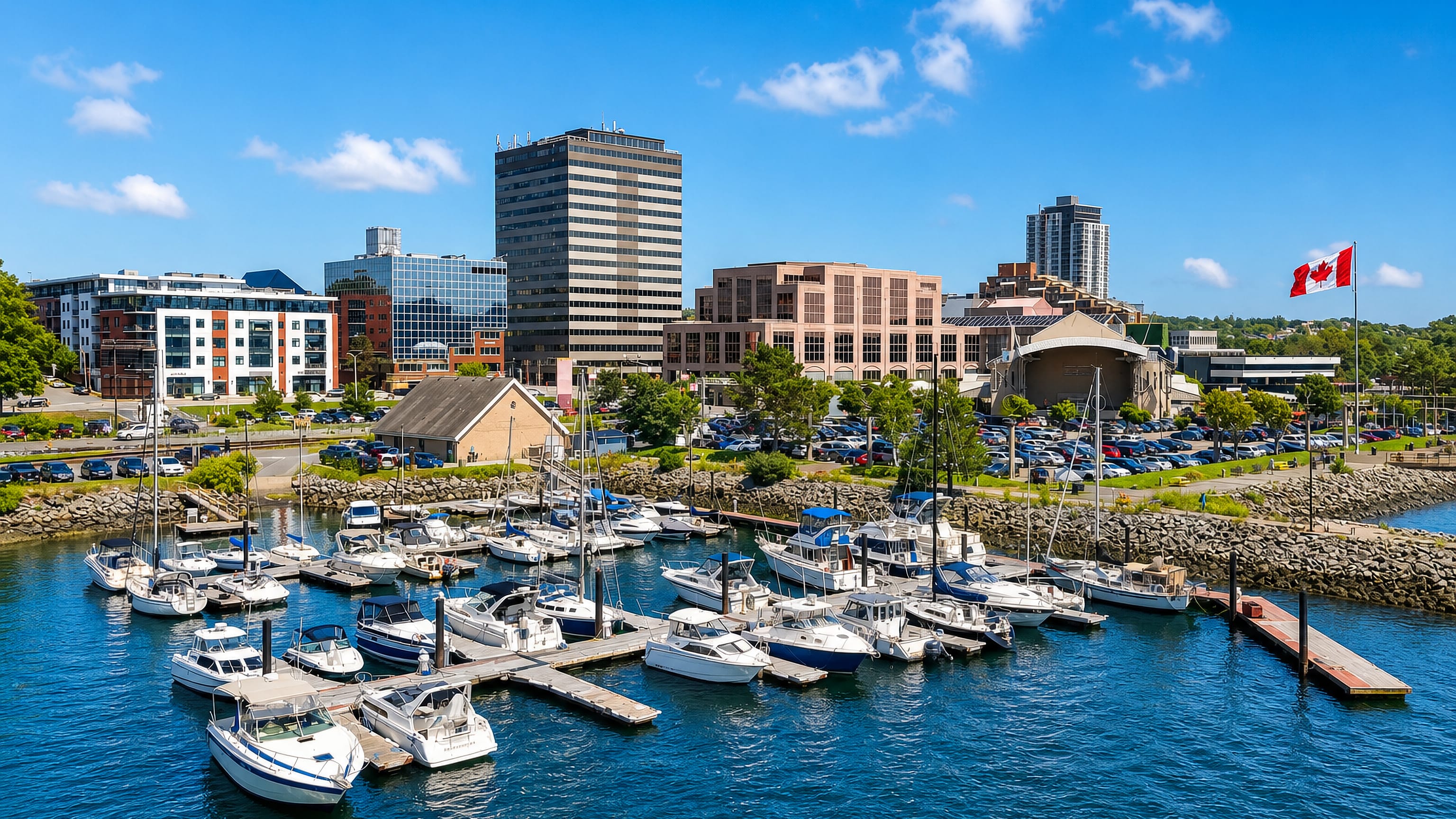 Sailboats and motor yachts in a marina below the downtown towers and Canadian flag of Dartmouth, Nova Scotia