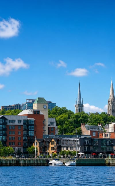 Waterfront skyline of downtown Halifax with church spires, brick mid-rises and a tall concrete tower
