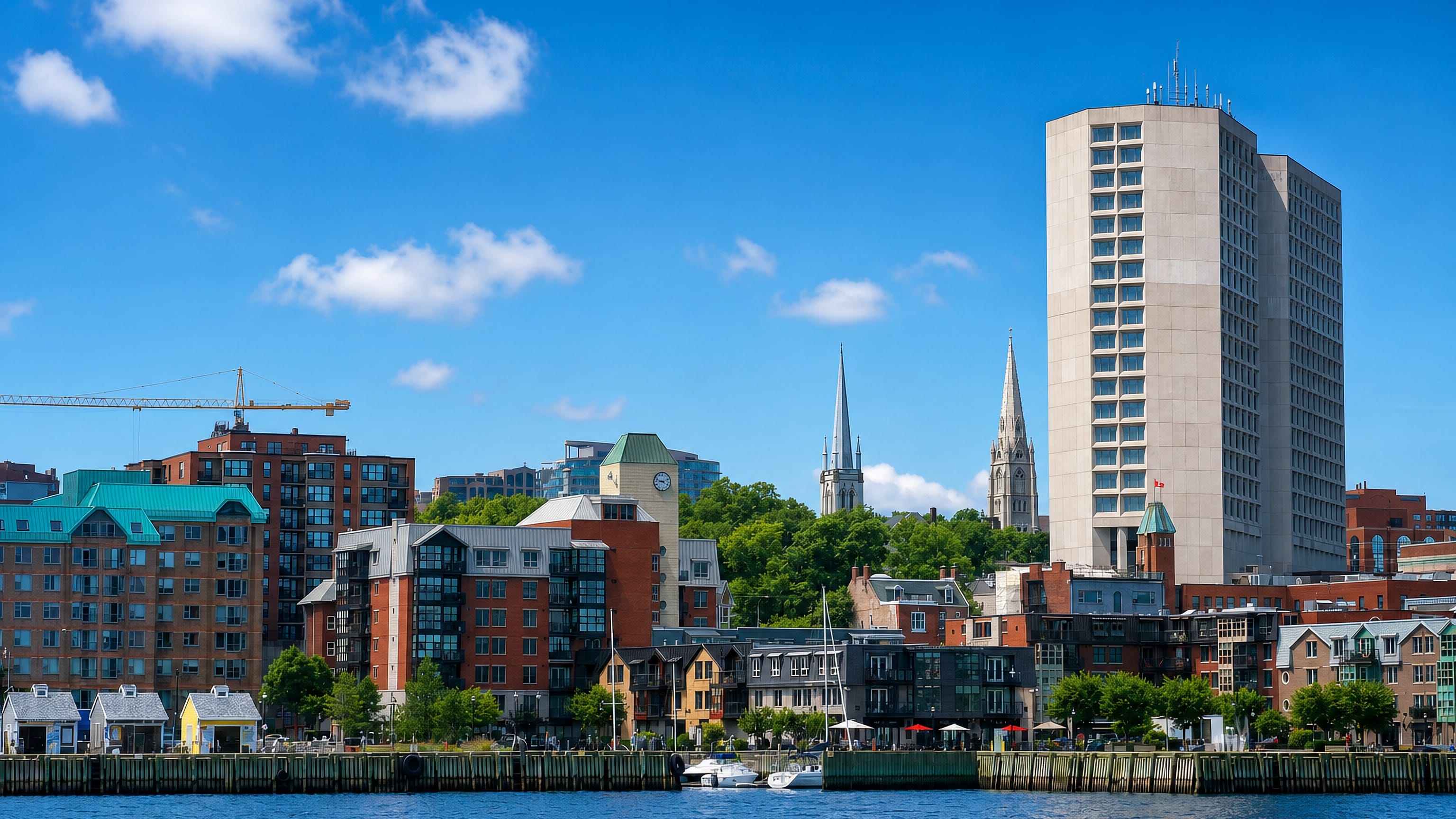 Waterfront skyline of downtown Halifax with church spires, brick mid-rises and a tall concrete tower